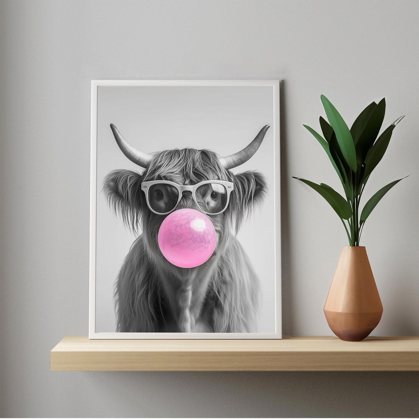 Highland Cow Bubble Gum Wall Art Funny Animal Print, Trendy Cow Poster, Quirky Black and White Farmhouse Decor