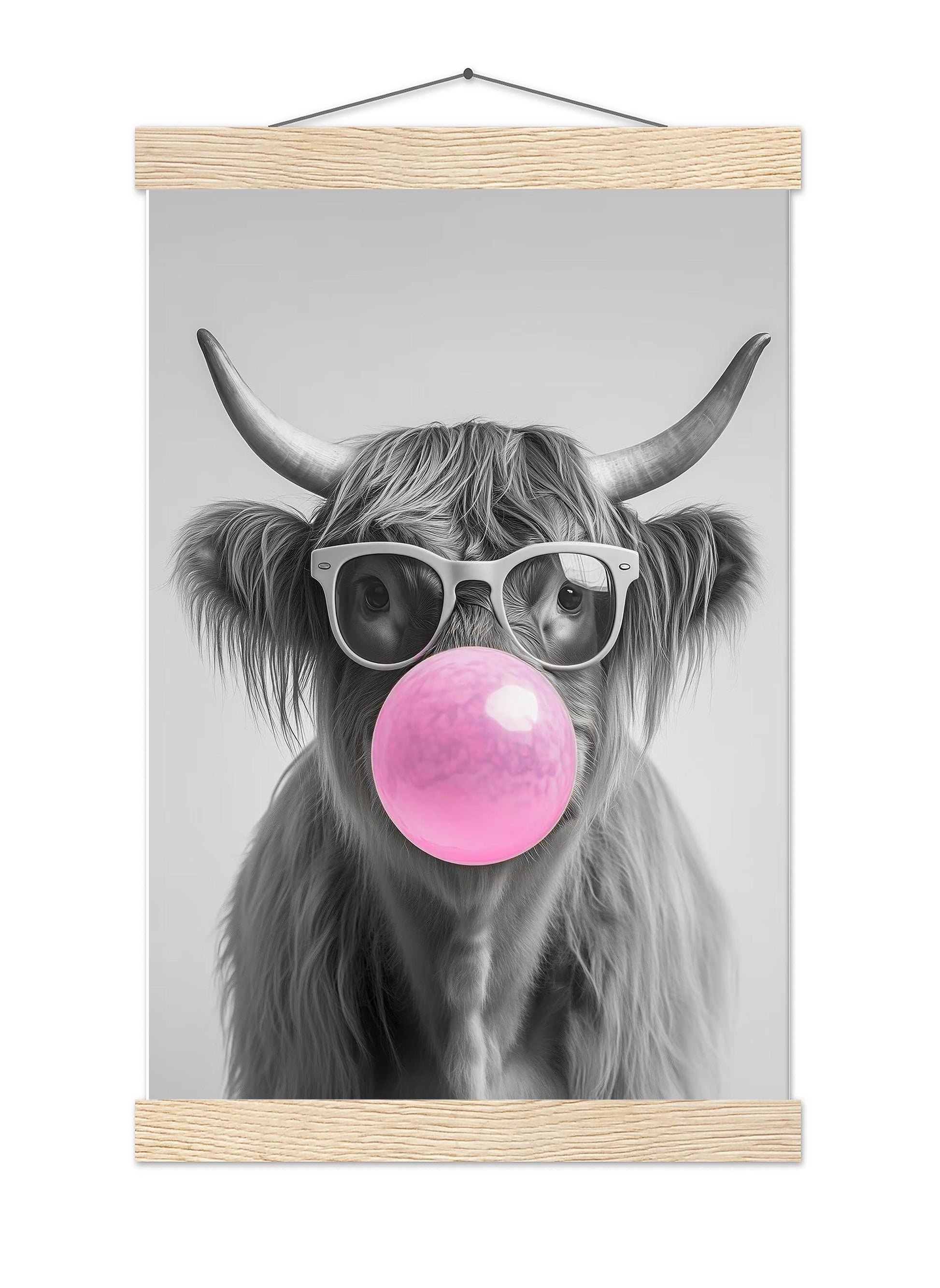 Highland Cow Bubble Gum Wall Art Funny Animal Print, Trendy Cow Poster, Quirky Black and White Farmhouse Decor