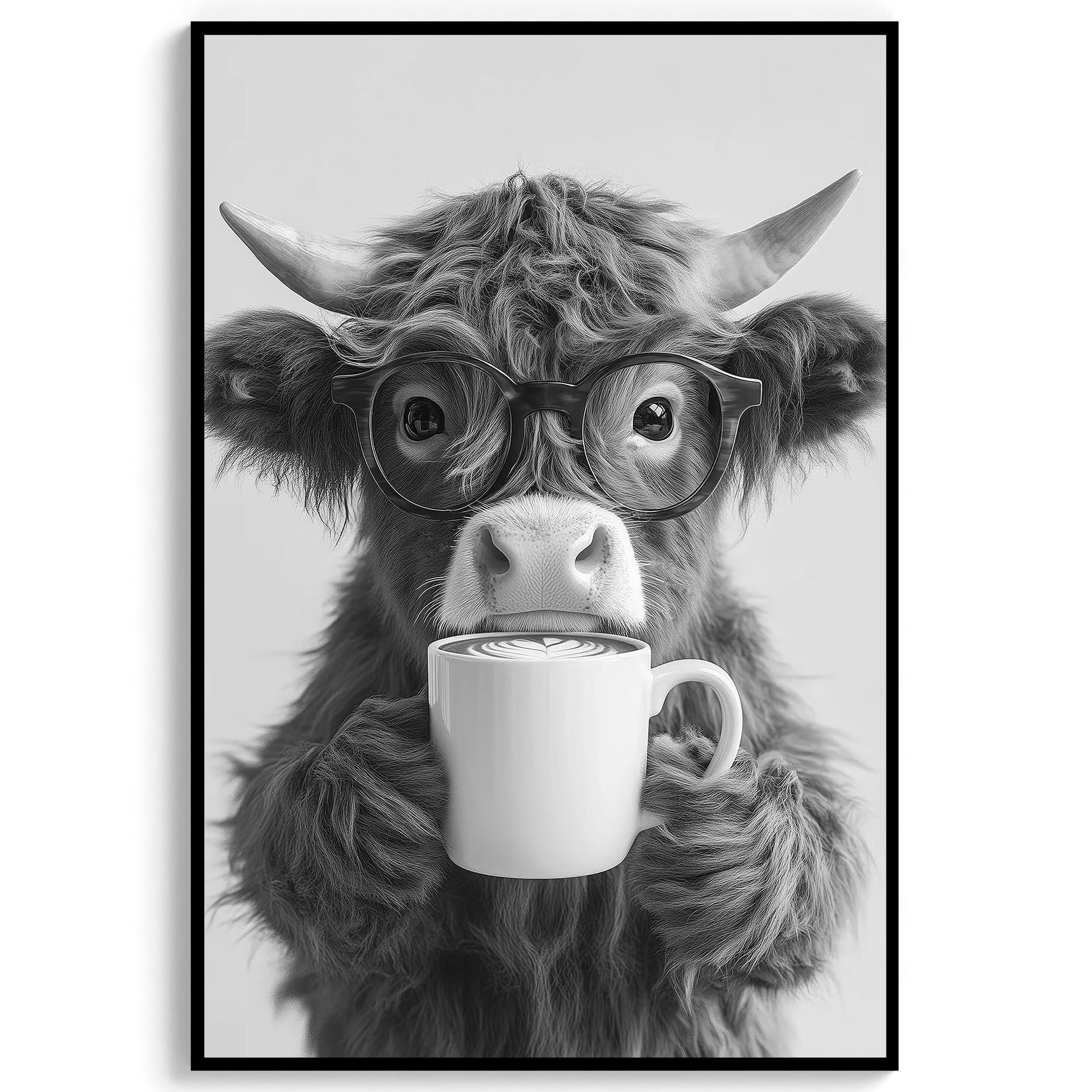 Highland Cow Drinking Coffee Print Coffee Bar Decor, Funny Poster, Trendy Animal Print, Kitchen Wall Decor