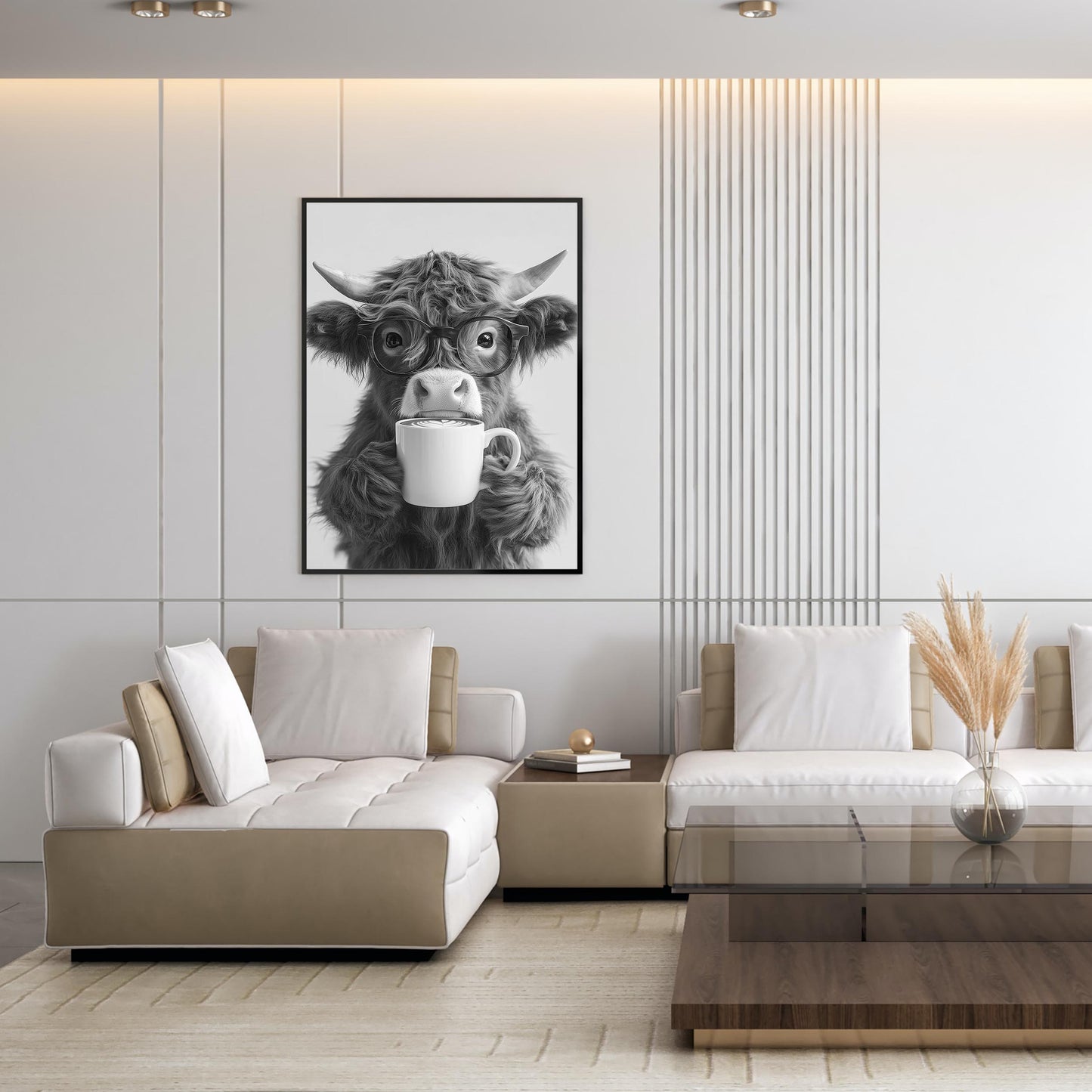 Highland Cow Drinking Coffee Print Coffee Bar Decor, Funny Poster, Trendy Animal Print, Kitchen Wall Decor