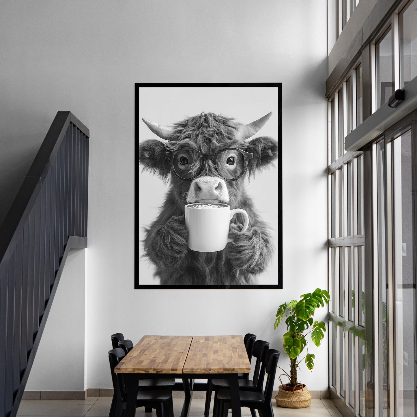 Highland Cow Drinking Coffee Print Coffee Bar Decor, Funny Poster, Trendy Animal Print, Kitchen Wall Decor