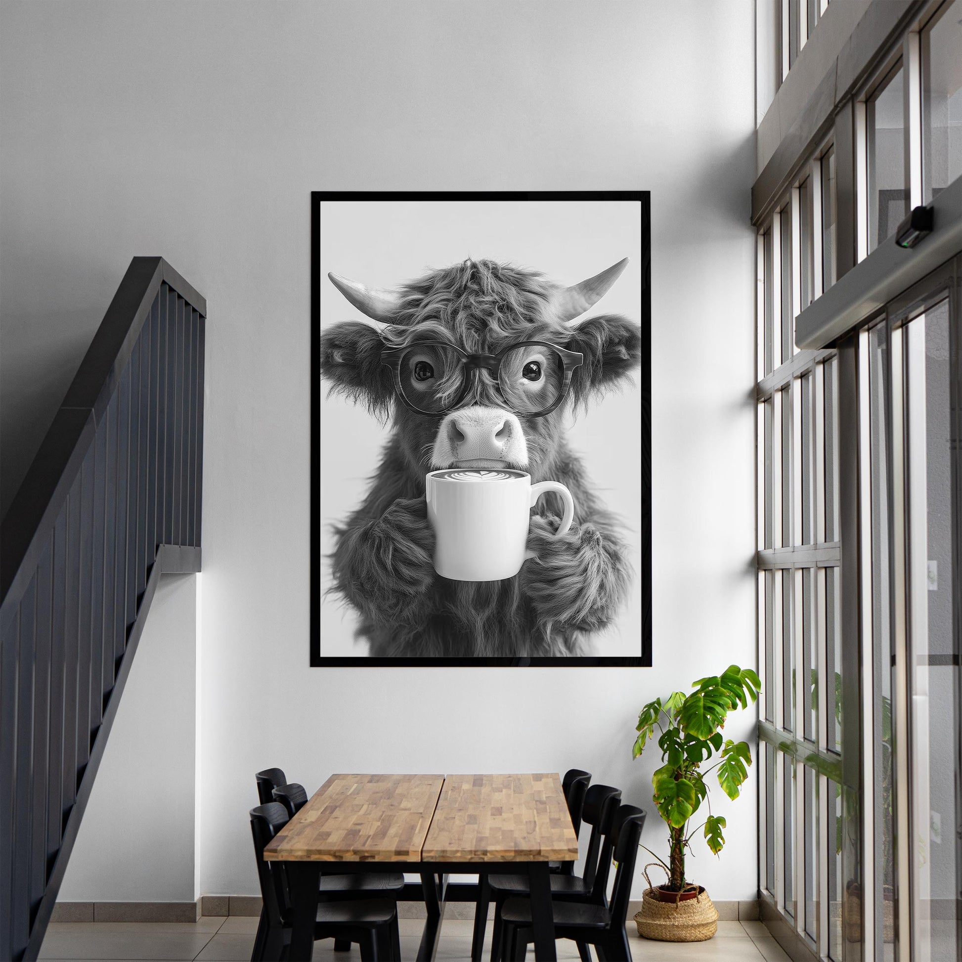 Highland Cow Drinking Coffee Print Coffee Bar Decor, Funny Poster, Trendy Animal Print, Kitchen Wall Decor