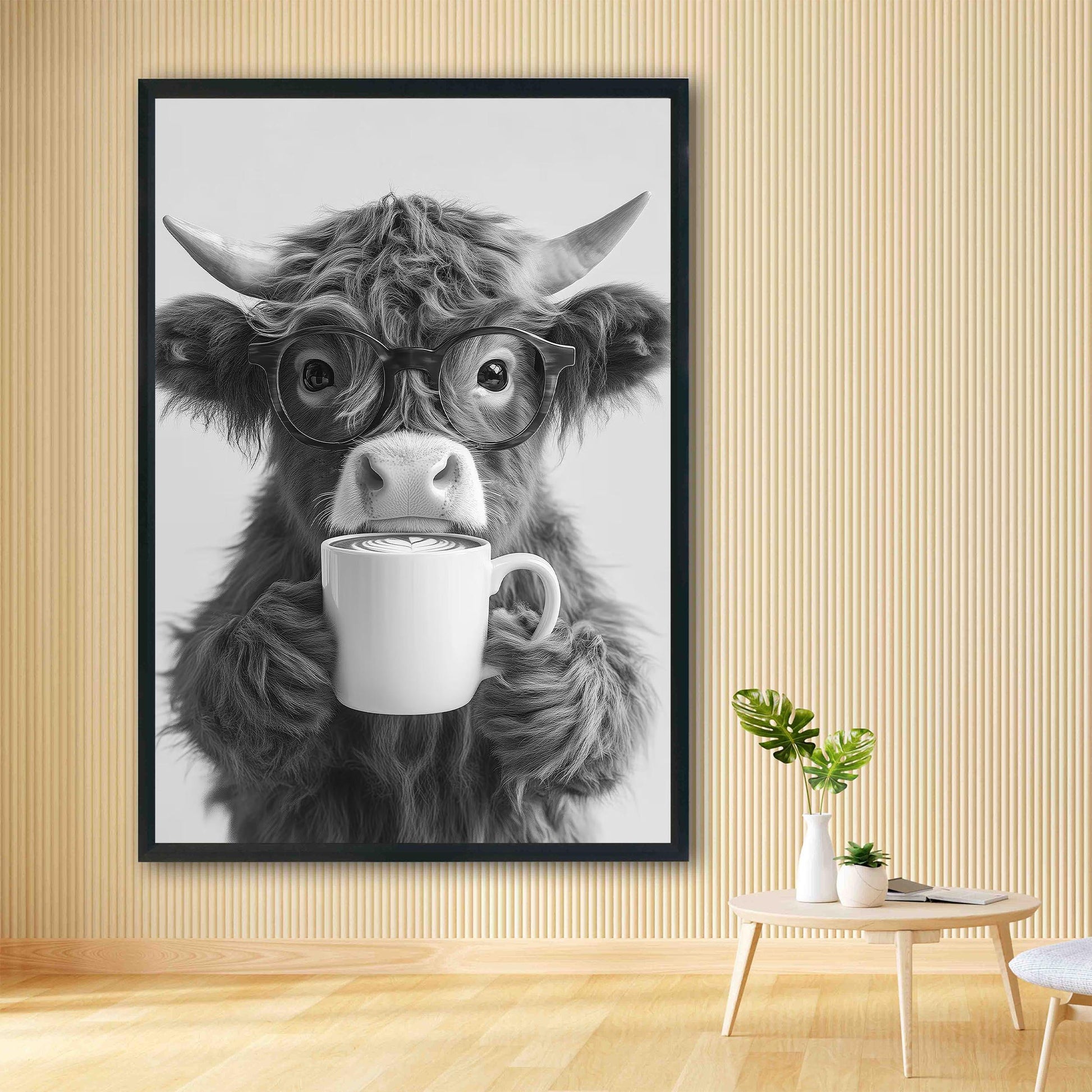 Highland Cow Drinking Coffee Print Coffee Bar Decor, Funny Poster, Trendy Animal Print, Kitchen Wall Decor