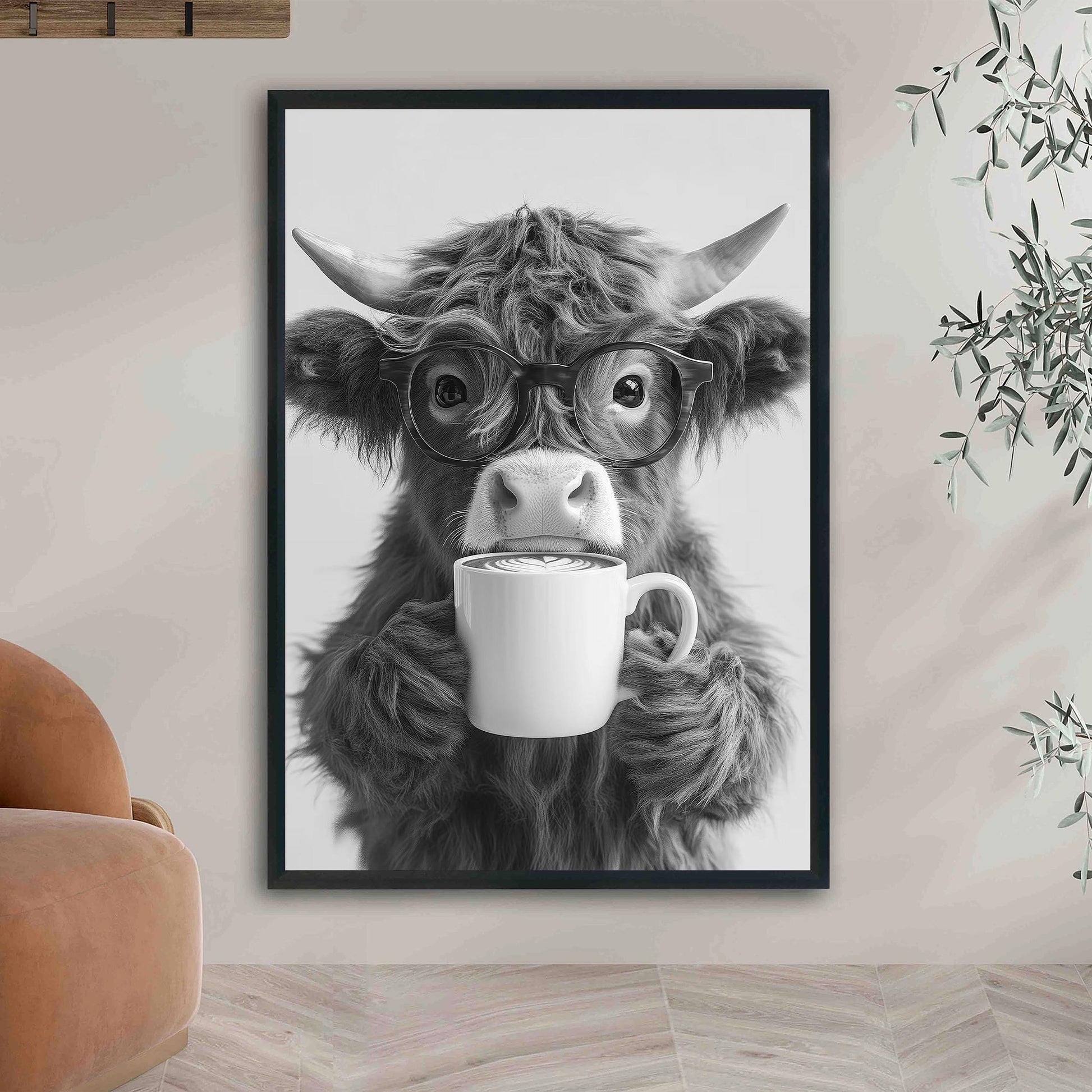 Highland Cow Drinking Coffee Print Coffee Bar Decor, Funny Poster, Trendy Animal Print, Kitchen Wall Decor