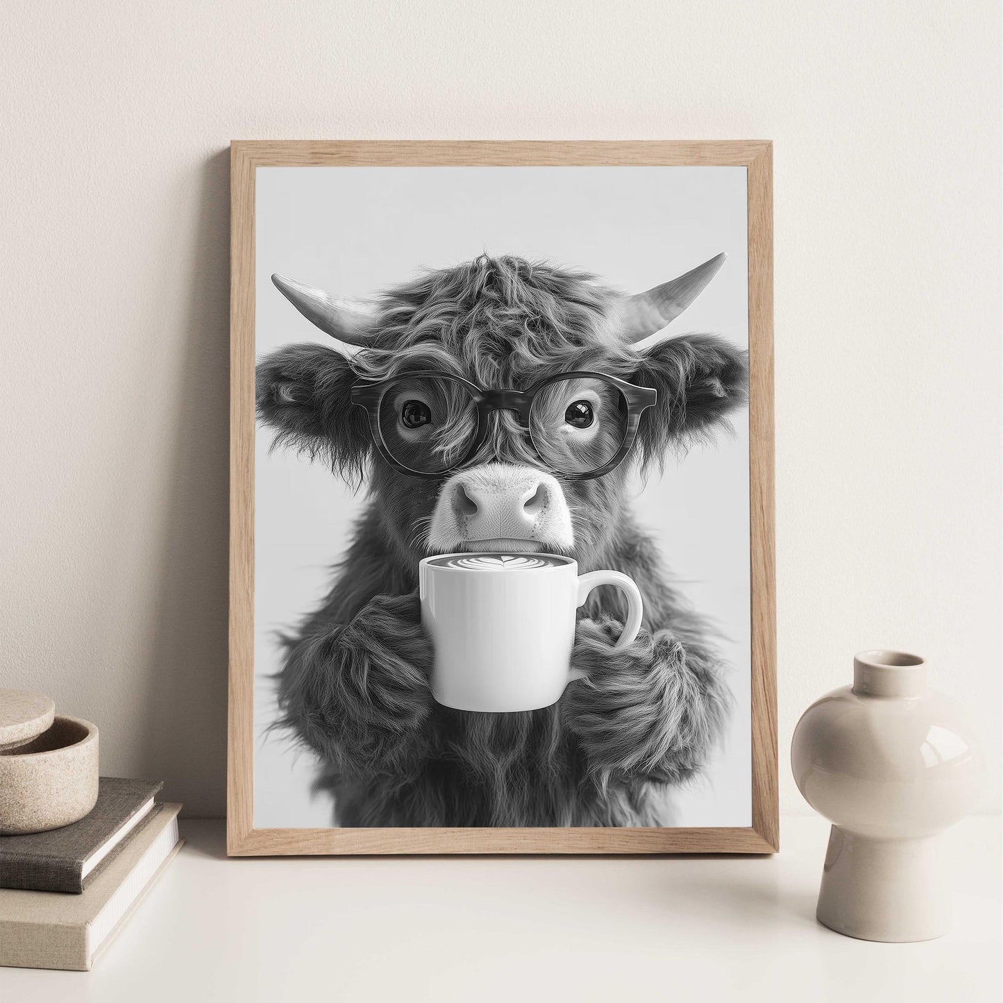 Highland Cow Drinking Coffee Print Coffee Bar Decor, Funny Poster, Trendy Animal Print, Kitchen Wall Decor