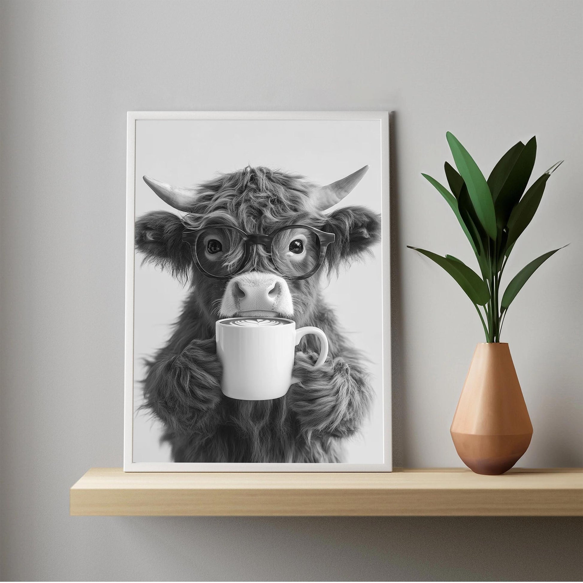 Highland Cow Drinking Coffee Print Coffee Bar Decor, Funny Poster, Trendy Animal Print, Kitchen Wall Decor
