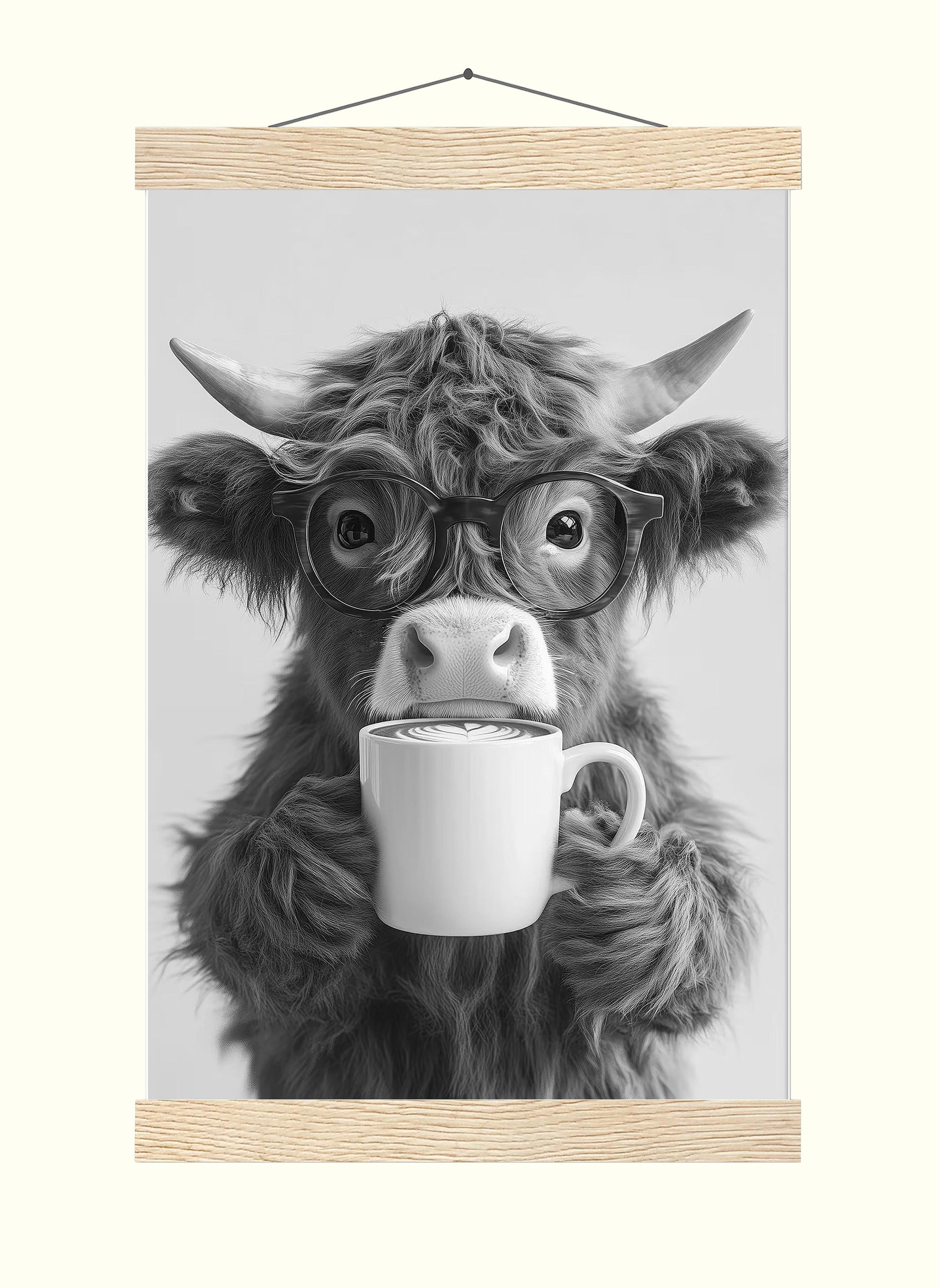 Highland Cow Drinking Coffee Print Coffee Bar Decor, Funny Poster, Trendy Animal Print, Kitchen Wall Decor