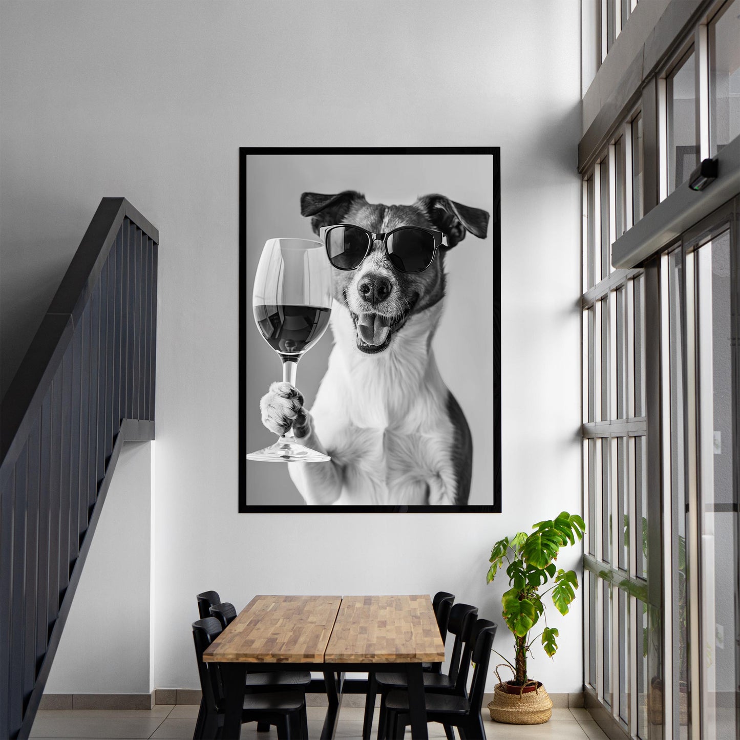 Jack Russell Drinking Wine Print Bar Cart Print, Funny Dog Poster, Trendy Kitchen Decor - Black and White Wall Art