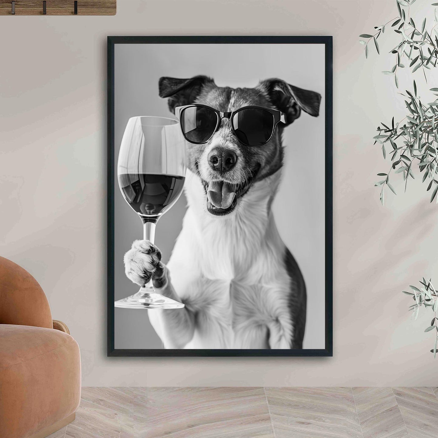 Jack Russell Drinking Wine Print Bar Cart Print, Funny Dog Poster, Trendy Kitchen Decor - Black and White Wall Art