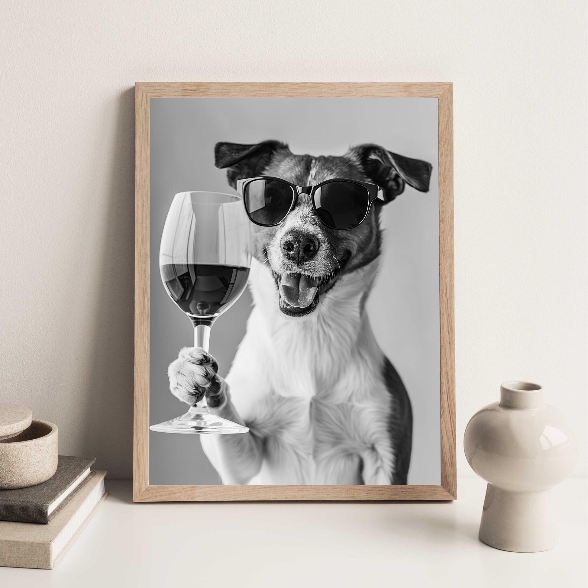 Jack Russell Drinking Wine Print Bar Cart Print, Funny Dog Poster, Trendy Kitchen Decor - Black and White Wall Art