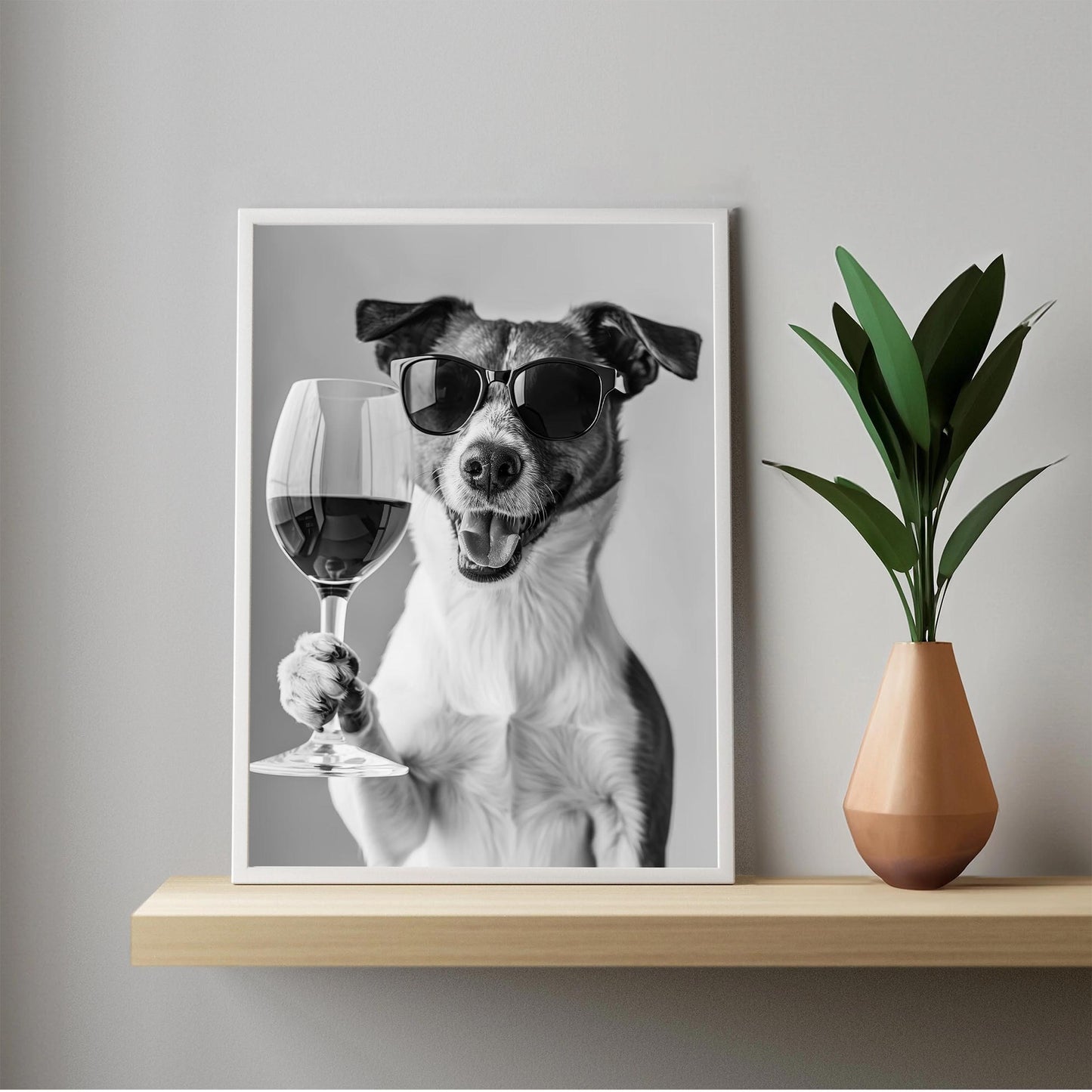 Jack Russell Drinking Wine Print Bar Cart Print, Funny Dog Poster, Trendy Kitchen Decor - Black and White Wall Art
