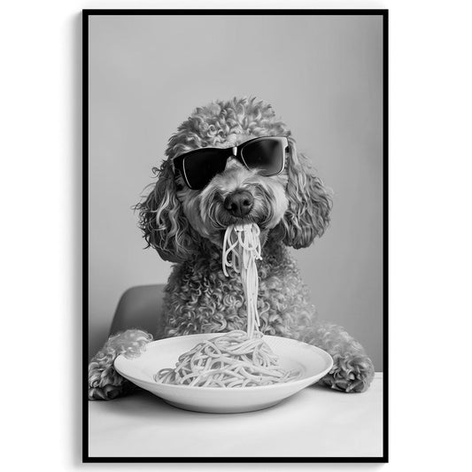 Labradoodle Eating Pasta Print Spaghetti Dog Print, Funny Dog Poster - Kitchen Wall Decor - Black and White Wall Art
