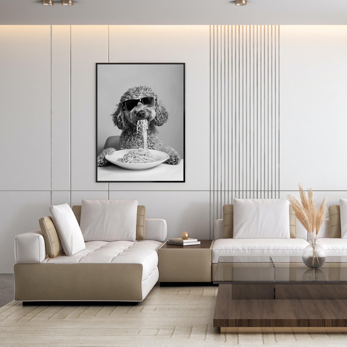 Labradoodle Eating Pasta Print Spaghetti Dog Print, Funny Dog Poster - Kitchen Wall Decor - Black and White Wall Art