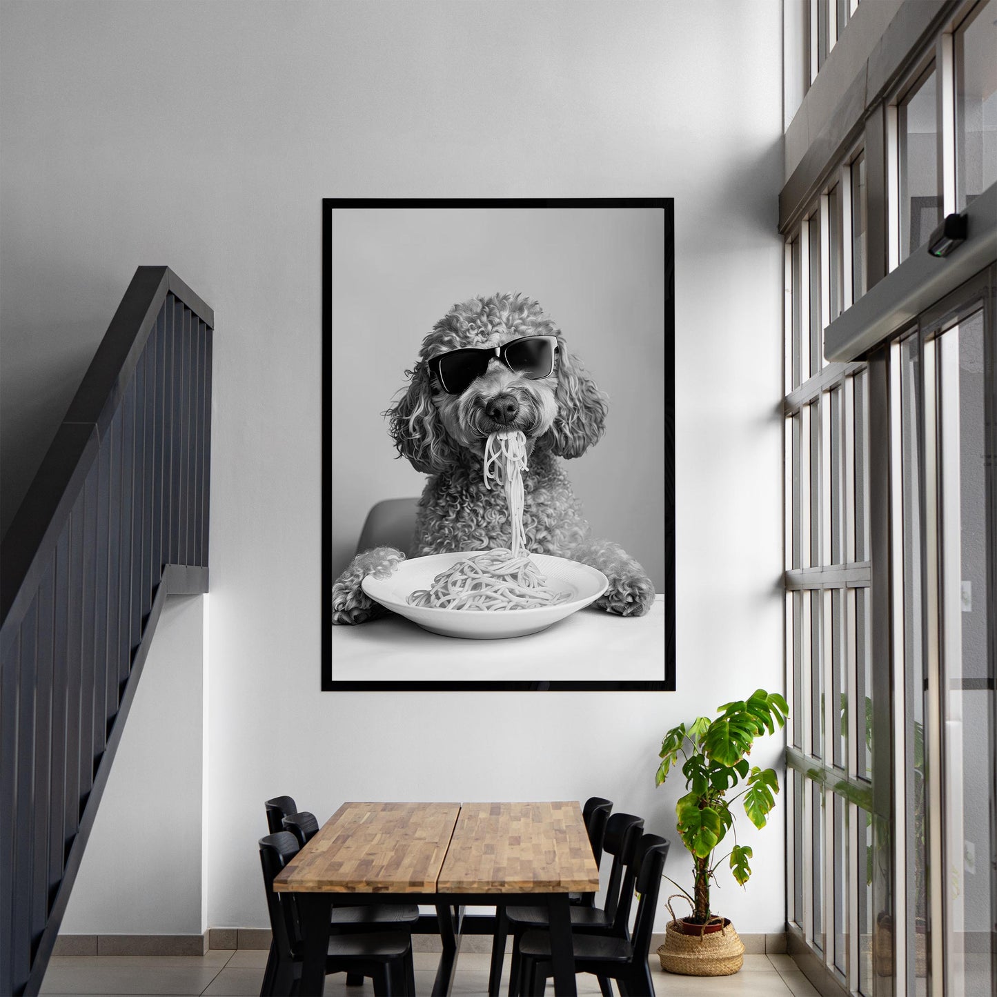 Labradoodle Eating Pasta Print Spaghetti Dog Print, Funny Dog Poster - Kitchen Wall Decor - Black and White Wall Art