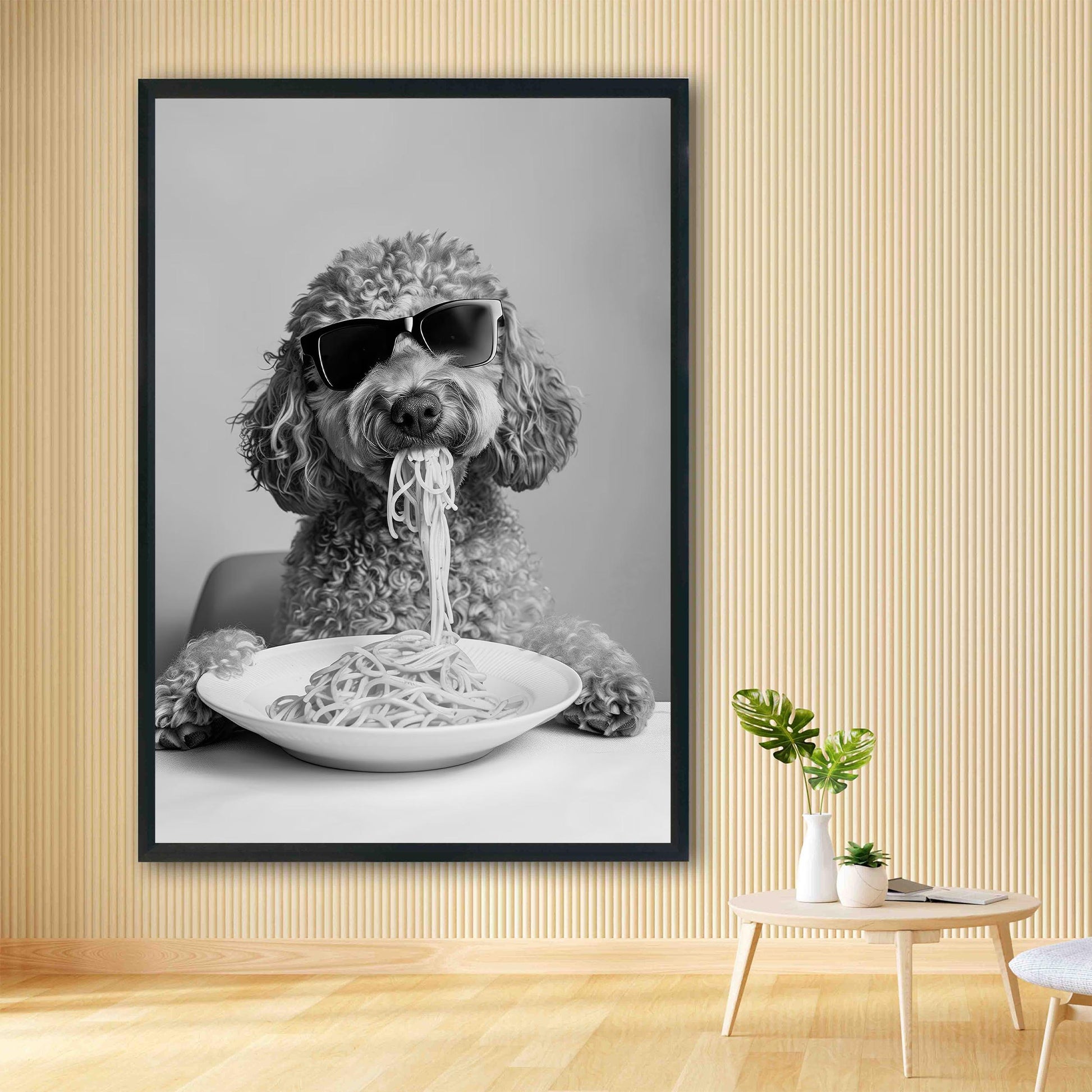 Labradoodle Eating Pasta Print Spaghetti Dog Print, Funny Dog Poster - Kitchen Wall Decor - Black and White Wall Art