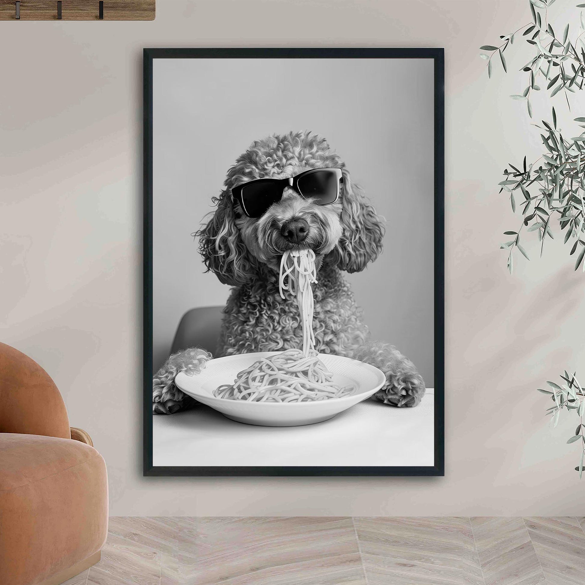 Labradoodle Eating Pasta Print Spaghetti Dog Print, Funny Dog Poster - Kitchen Wall Decor - Black and White Wall Art