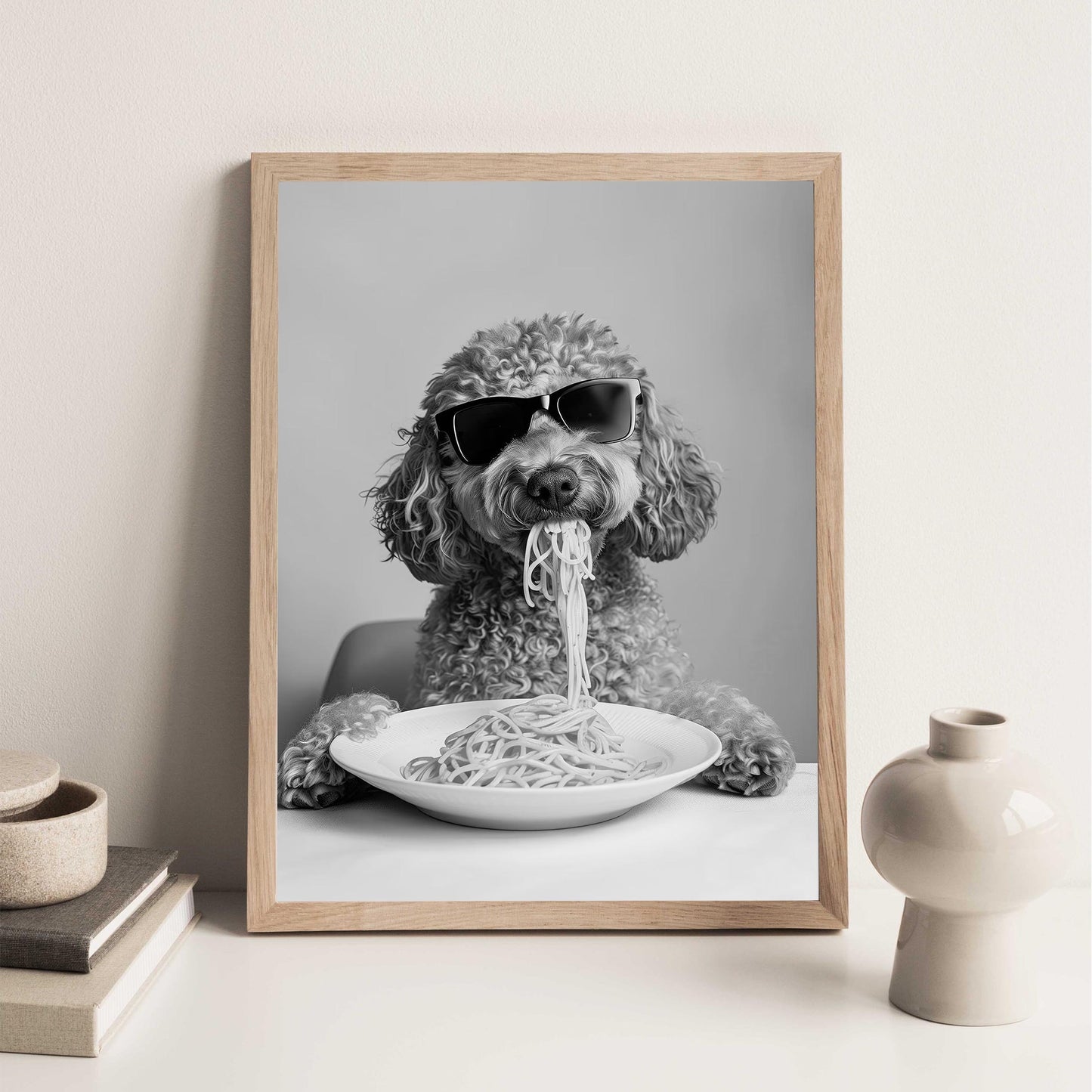 Labradoodle Eating Pasta Print Spaghetti Dog Print, Funny Dog Poster - Kitchen Wall Decor - Black and White Wall Art
