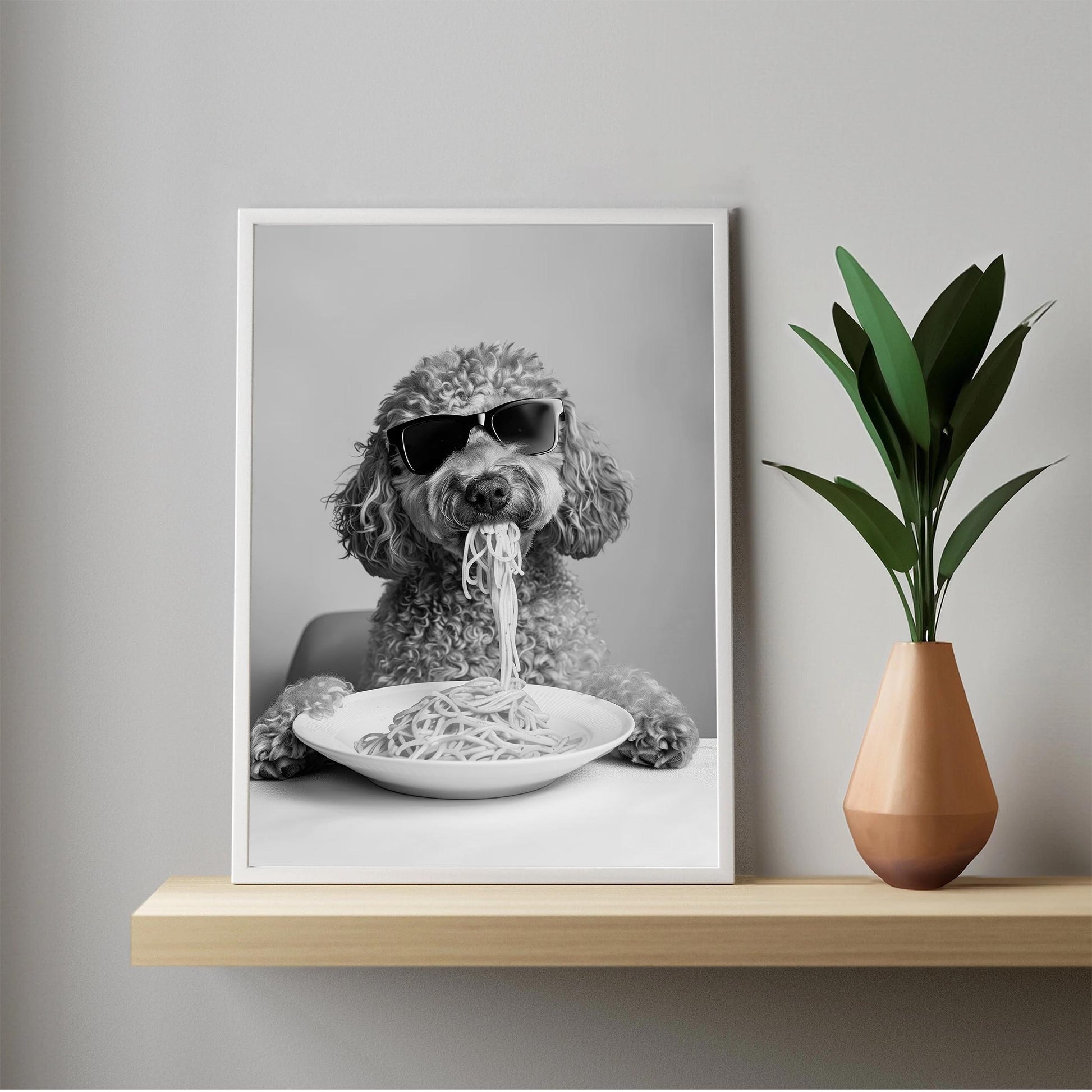 Labradoodle Eating Pasta Print Spaghetti Dog Print, Funny Dog Poster - Kitchen Wall Decor - Black and White Wall Art