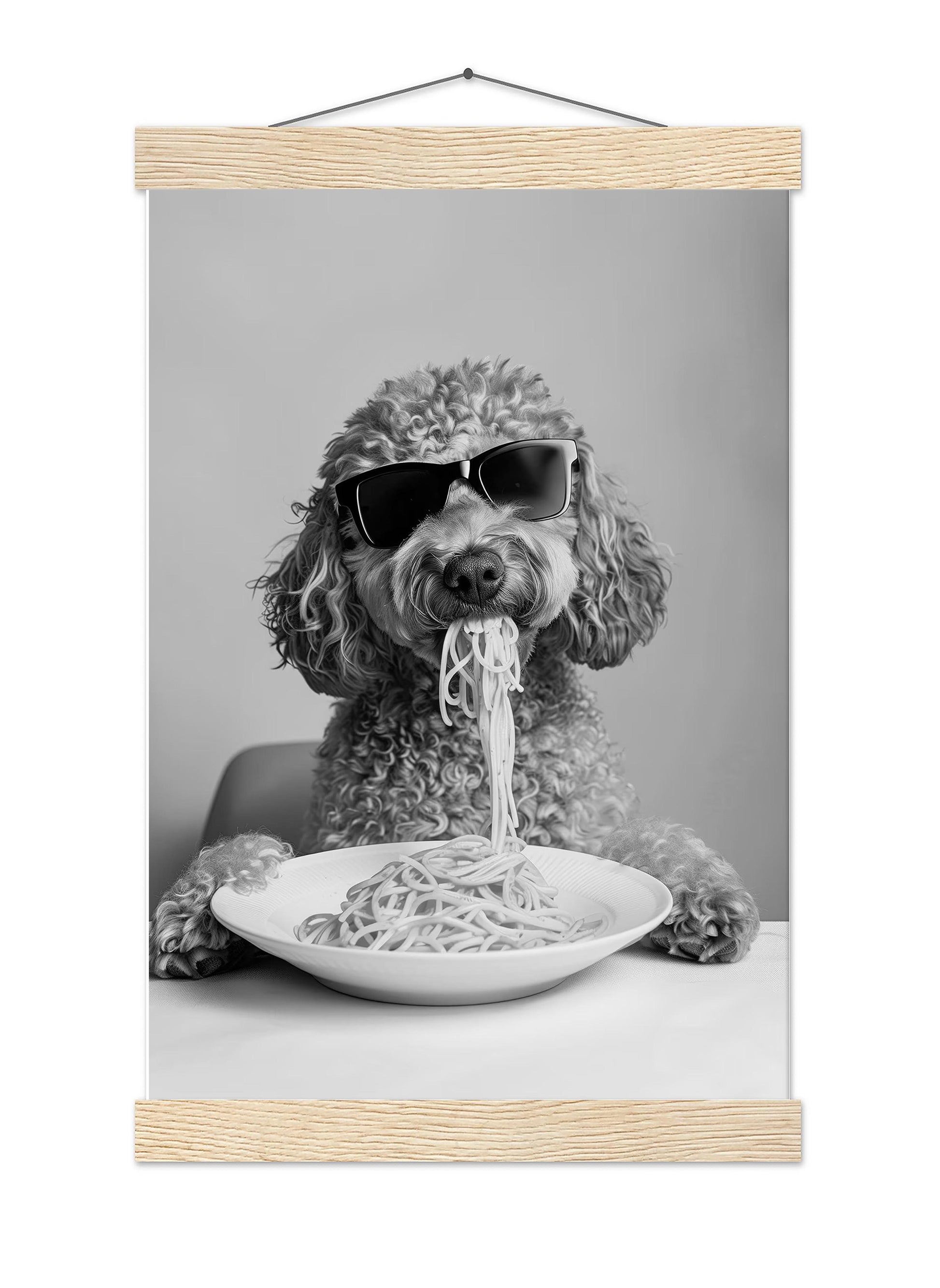 Labradoodle Eating Pasta Print Spaghetti Dog Print, Funny Dog Poster - Kitchen Wall Decor - Black and White Wall Art