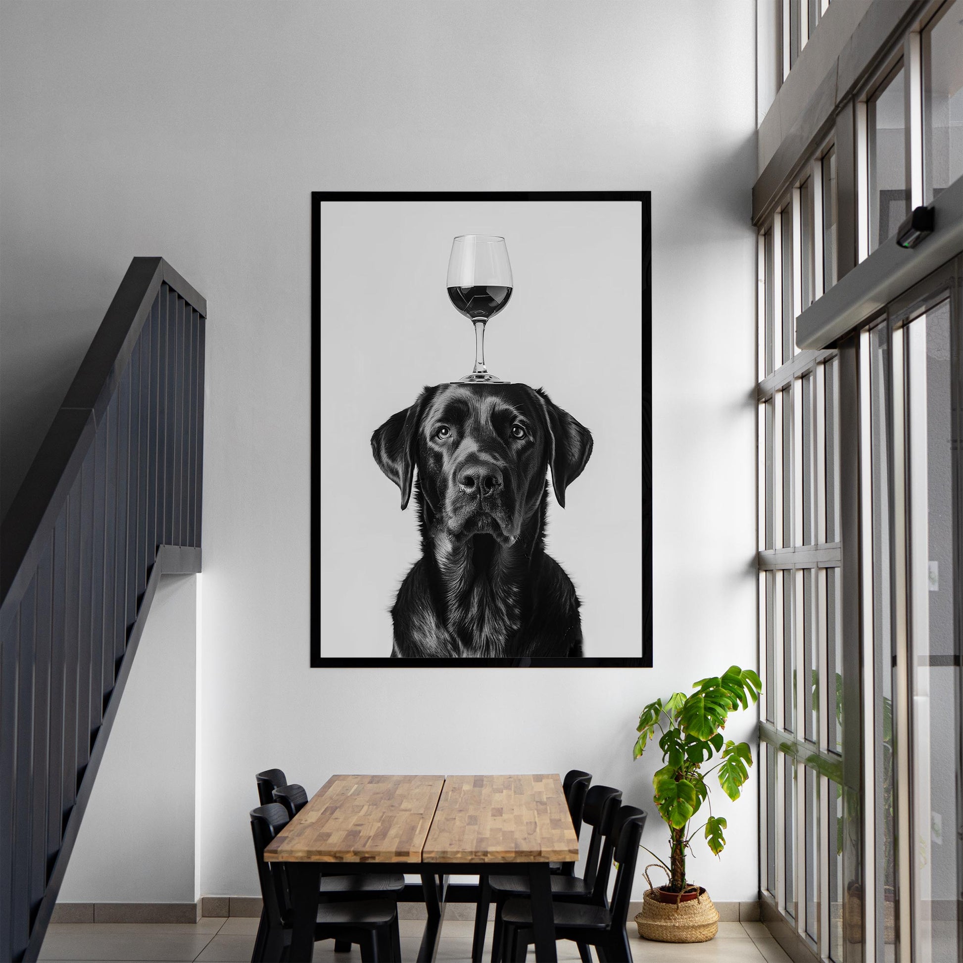 Labrador Balancing Wine Glass Print Funny Bar Cart Dog Poster, Black Lab Alcohol Kitchen Decor