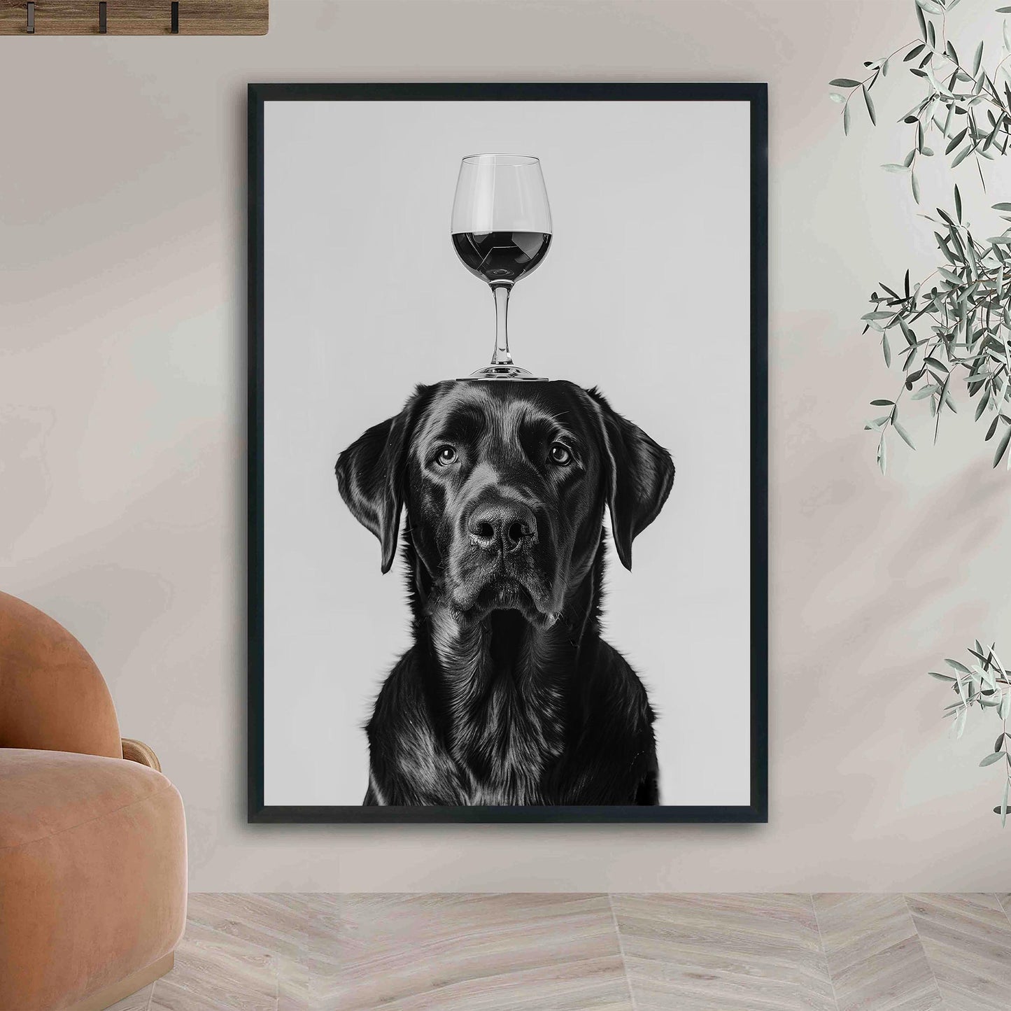 Labrador Balancing Wine Glass Print Funny Bar Cart Dog Poster, Black Lab Alcohol Kitchen Decor