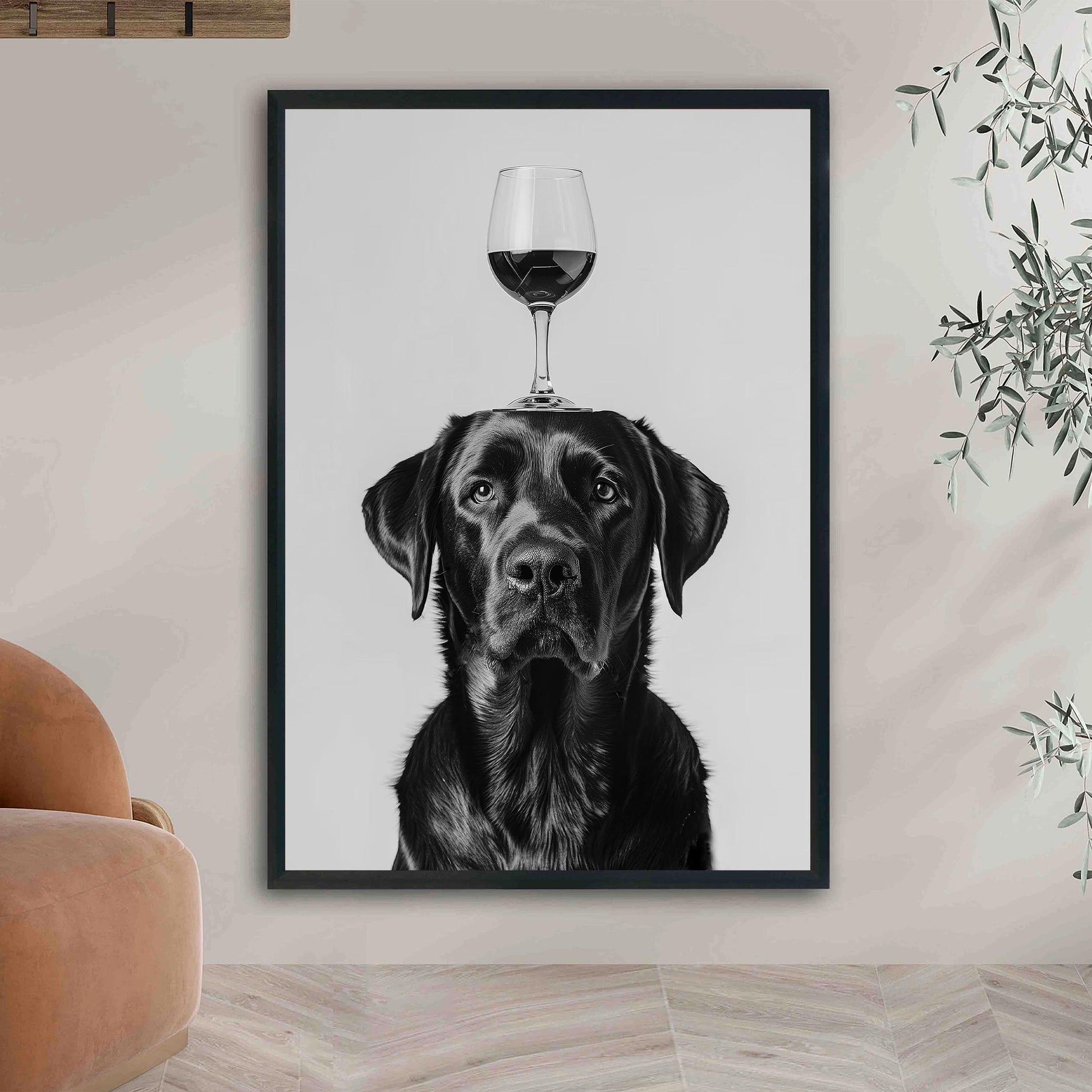 Labrador Balancing Wine Glass Print Funny Bar Cart Dog Poster, Black Lab Alcohol Kitchen Decor