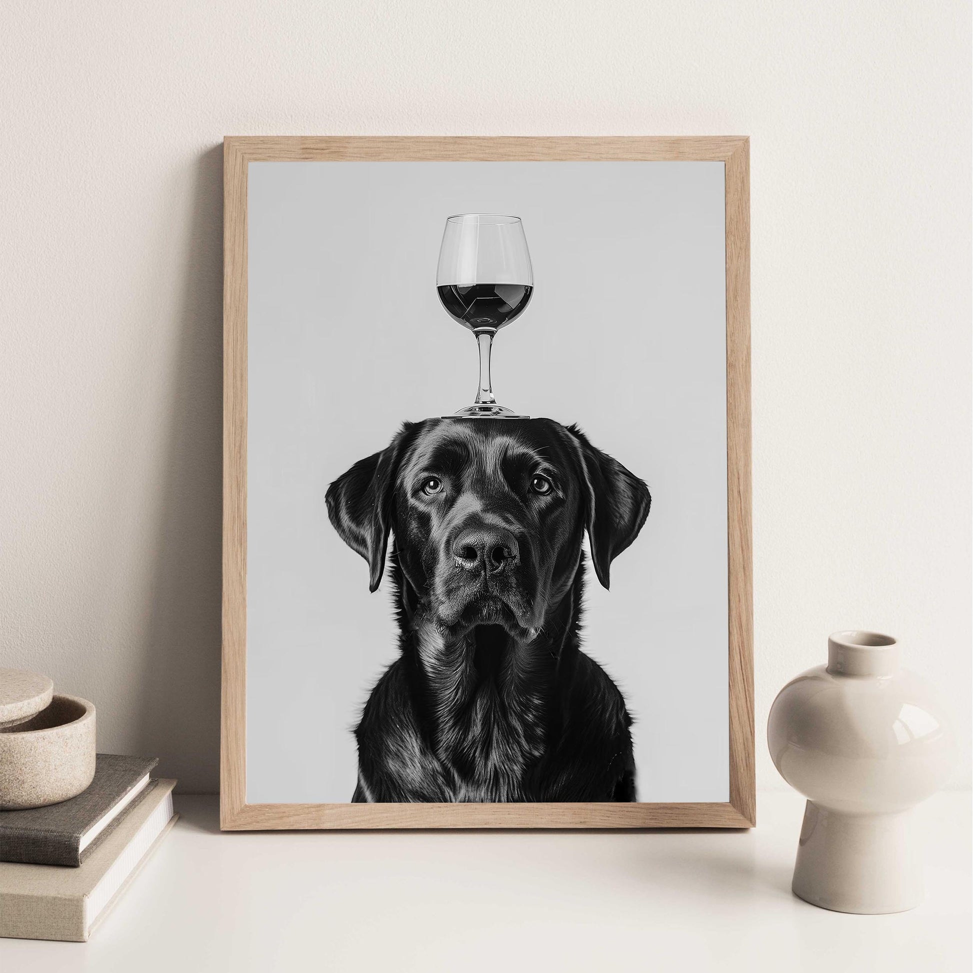 Labrador Balancing Wine Glass Print Funny Bar Cart Dog Poster, Black Lab Alcohol Kitchen Decor
