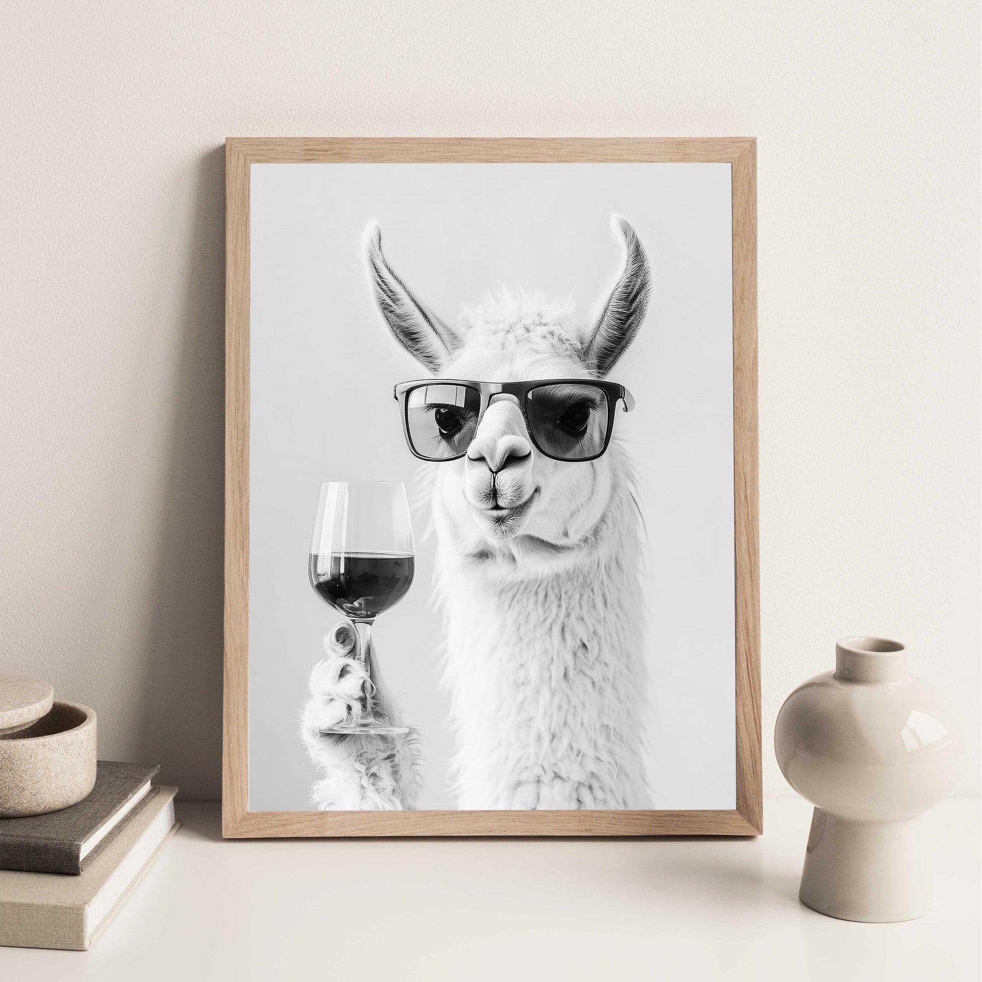Llama Drinking Wine Art Print, Funny Bar Cart Decor