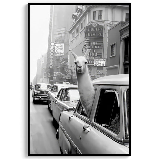 Llama in Times Square Wall Art Funny Vintage Animal Print, Retro New York City Poster, Black and White Wall Decor