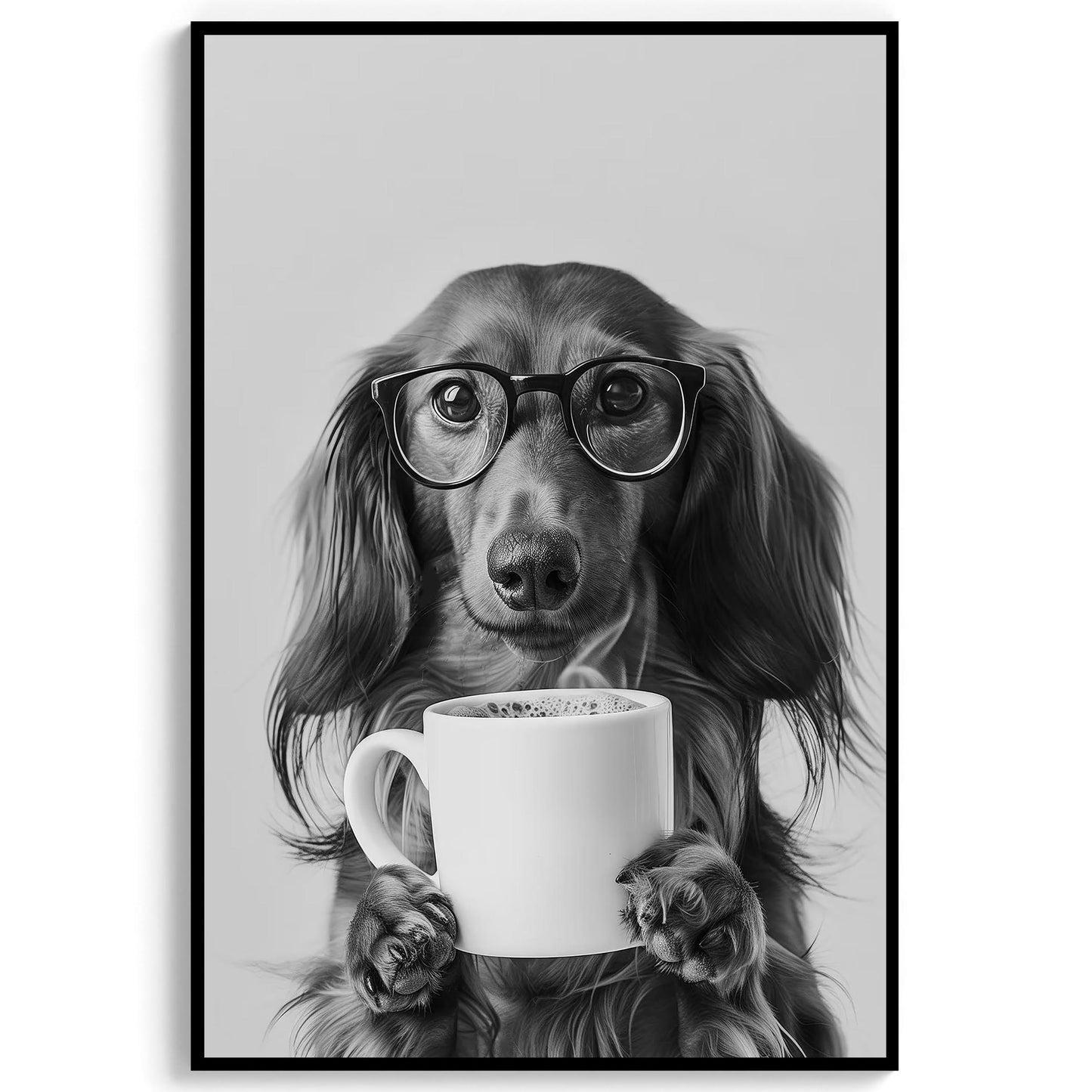 Long-Haired Dachshund Coffee Print Coffee Bar Decor, Funny Wiener Poster, Kitchen Wall Art - Black and White Print