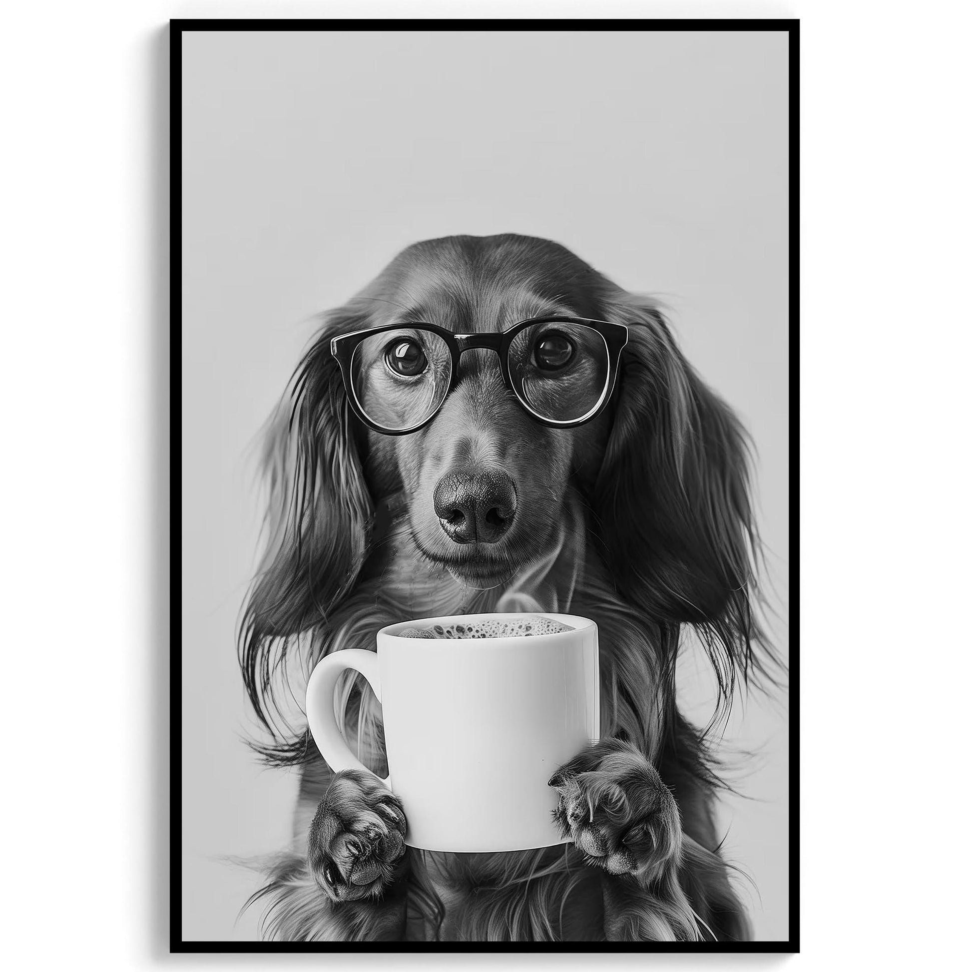 Long-Haired Dachshund Coffee Print Coffee Bar Decor, Funny Wiener Poster, Kitchen Wall Art - Black and White Print
