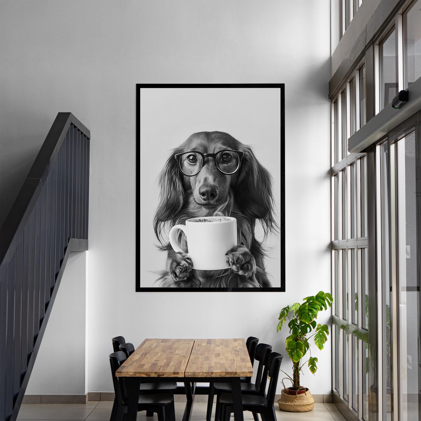 Long-Haired Dachshund Coffee Print Coffee Bar Decor, Funny Wiener Poster, Kitchen Wall Art - Black and White Print