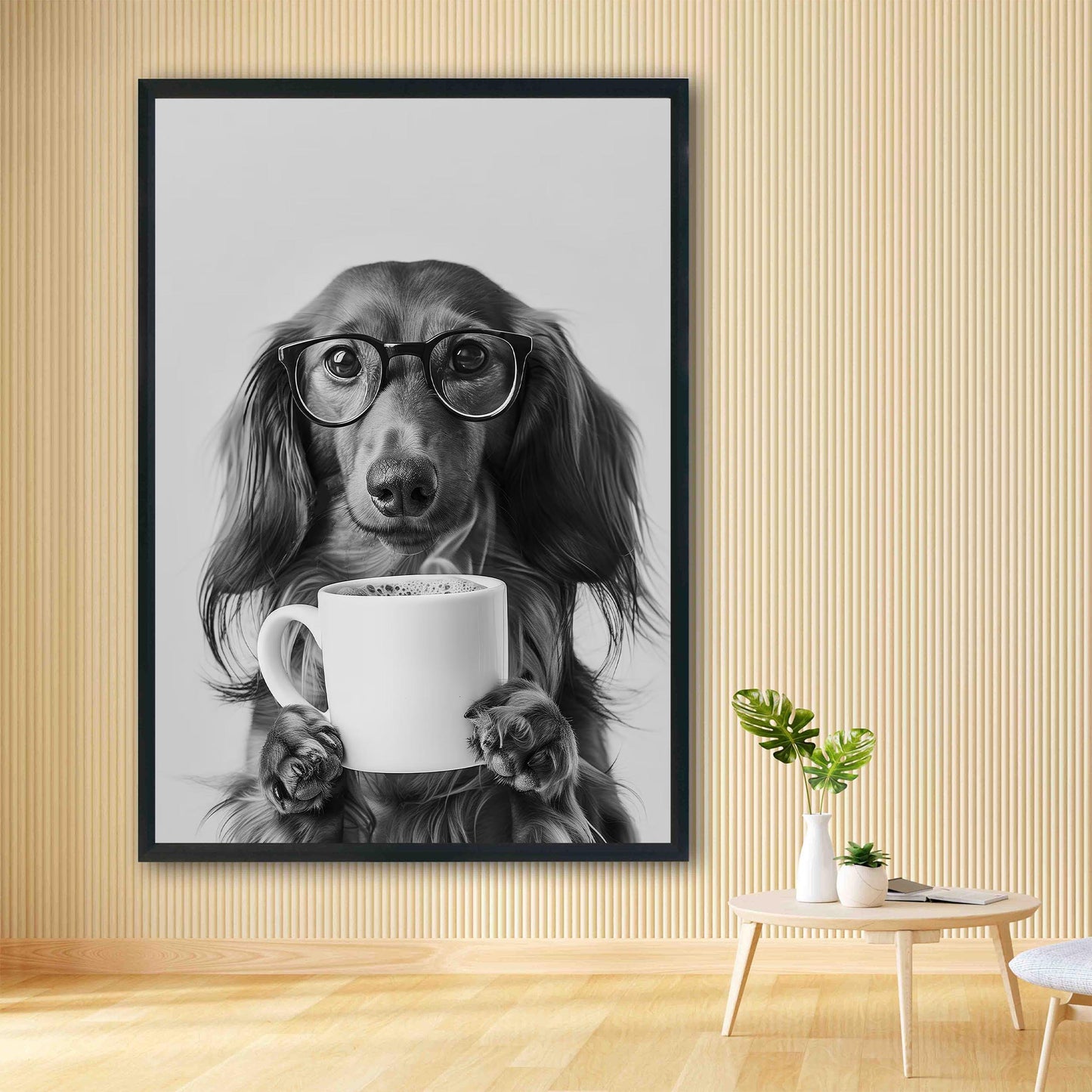 Long-Haired Dachshund Coffee Print Coffee Bar Decor, Funny Wiener Poster, Kitchen Wall Art - Black and White Print