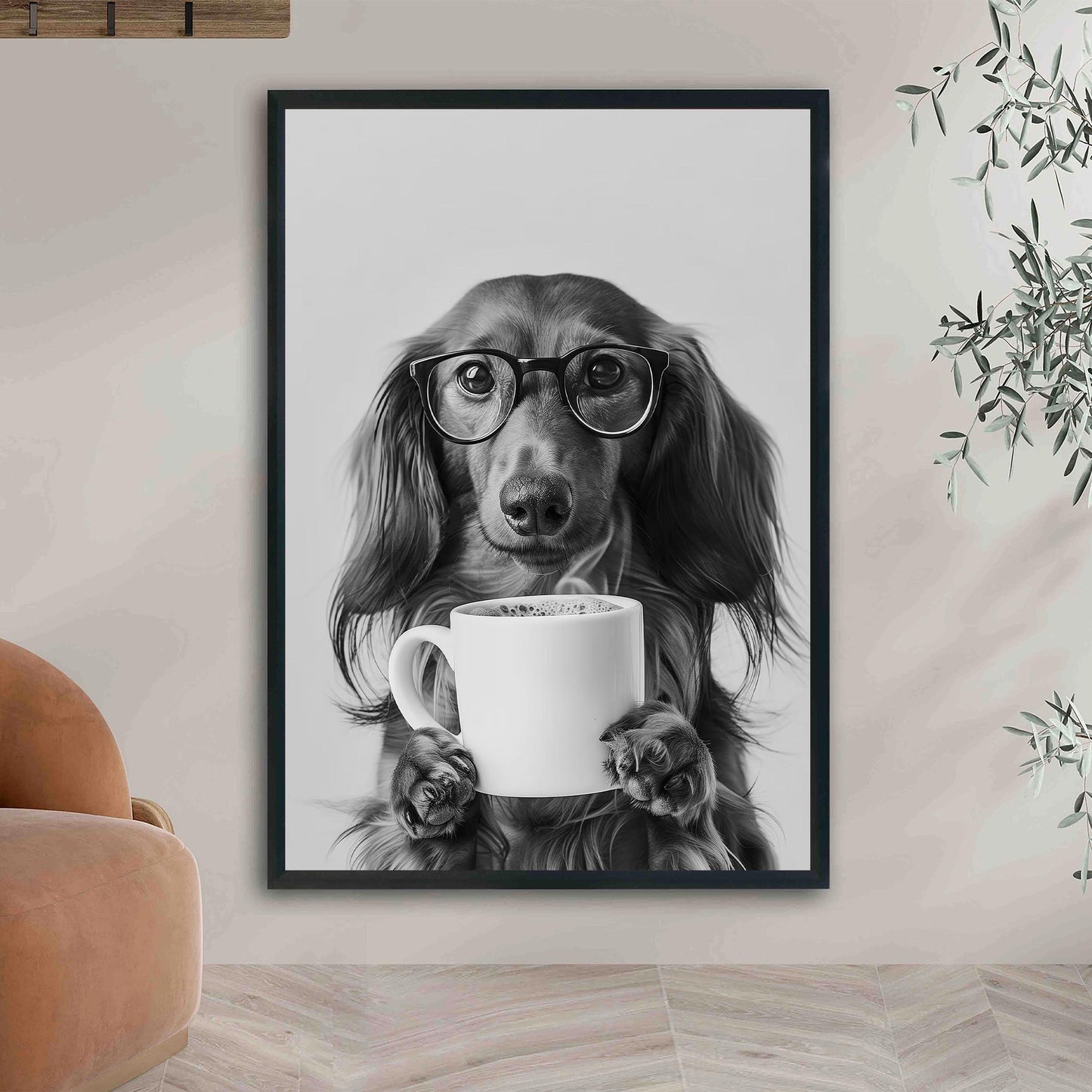 Long-Haired Dachshund Coffee Print Coffee Bar Decor, Funny Wiener Poster, Kitchen Wall Art - Black and White Print