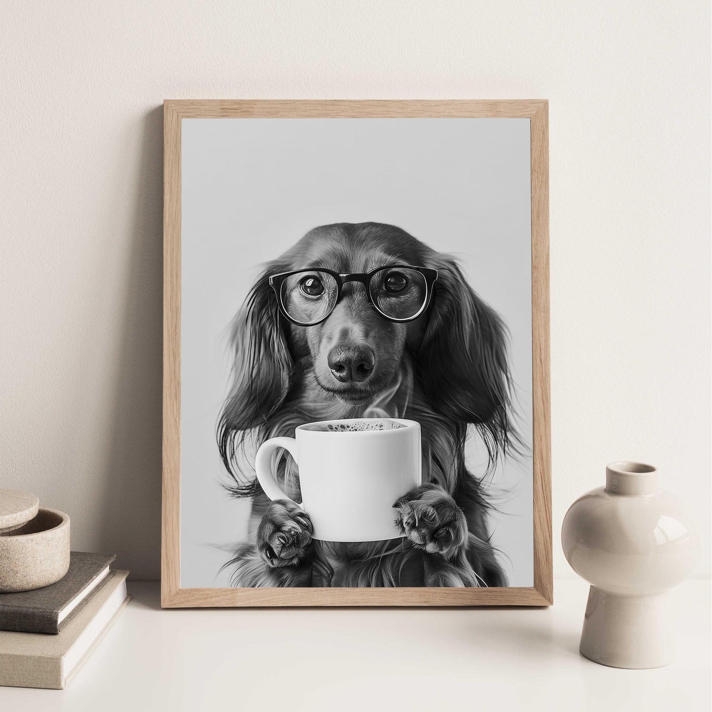 Long-Haired Dachshund Coffee Print Coffee Bar Decor, Funny Wiener Poster, Kitchen Wall Art - Black and White Print