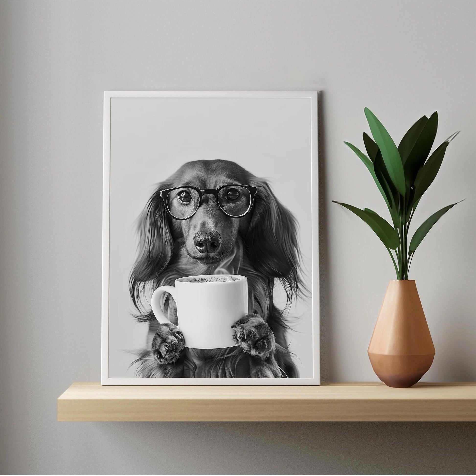 Long-Haired Dachshund Coffee Print Coffee Bar Decor, Funny Wiener Poster, Kitchen Wall Art - Black and White Print