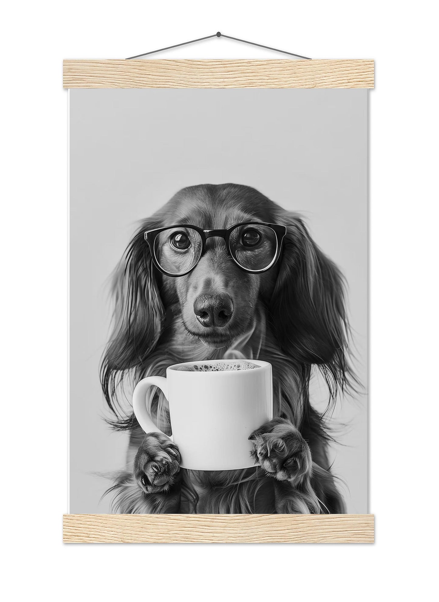 Long-Haired Dachshund Coffee Print Coffee Bar Decor, Funny Wiener Poster, Kitchen Wall Art - Black and White Print