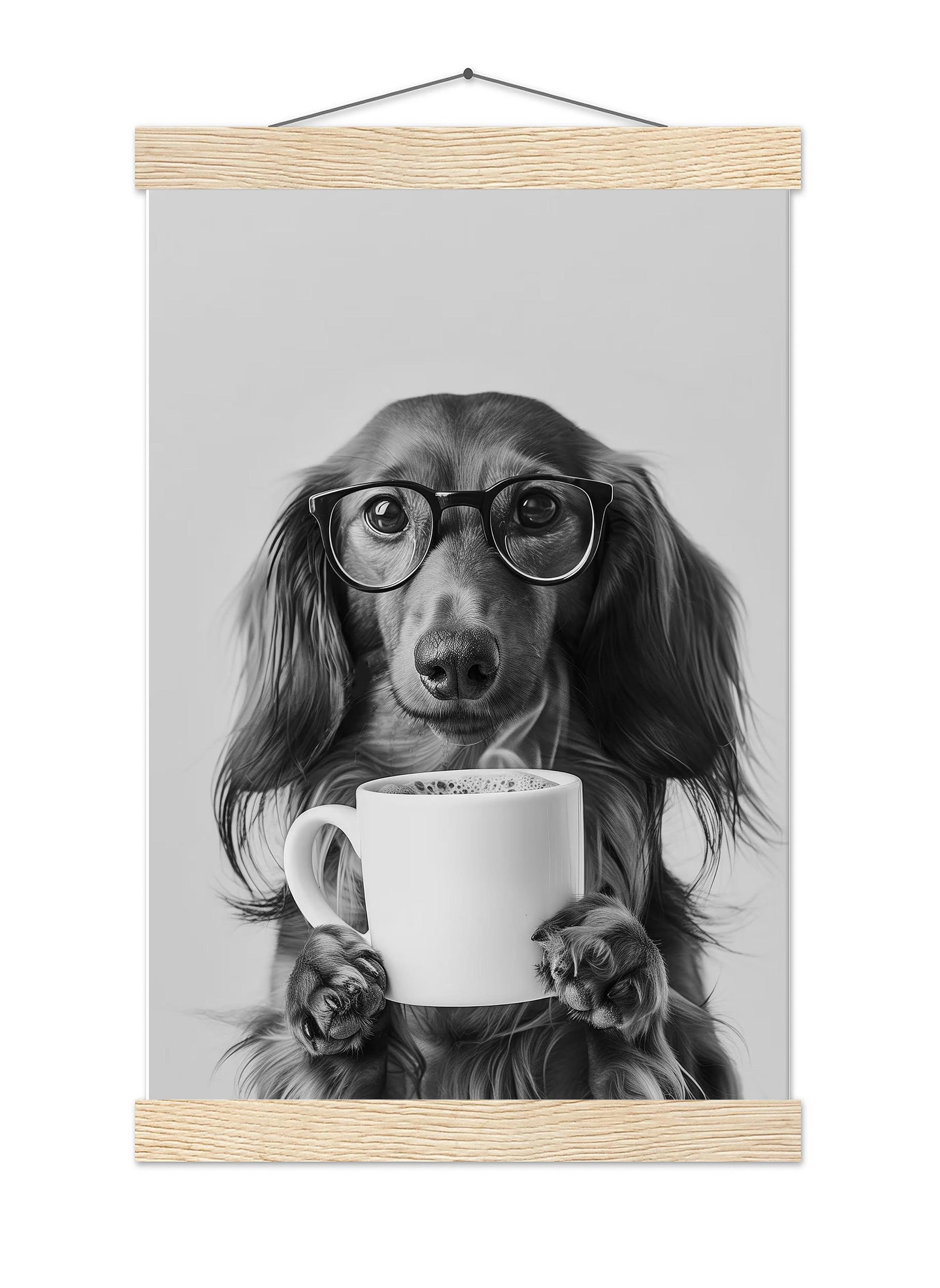 Long-Haired Dachshund Coffee Print Coffee Bar Decor, Funny Wiener Poster, Kitchen Wall Art - Black and White Print