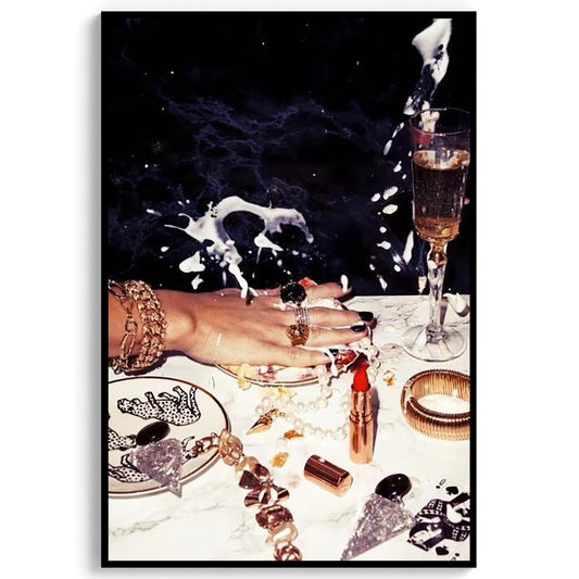Luxury Nightlife Glam Wall Art, Champagne & Jewelry Print