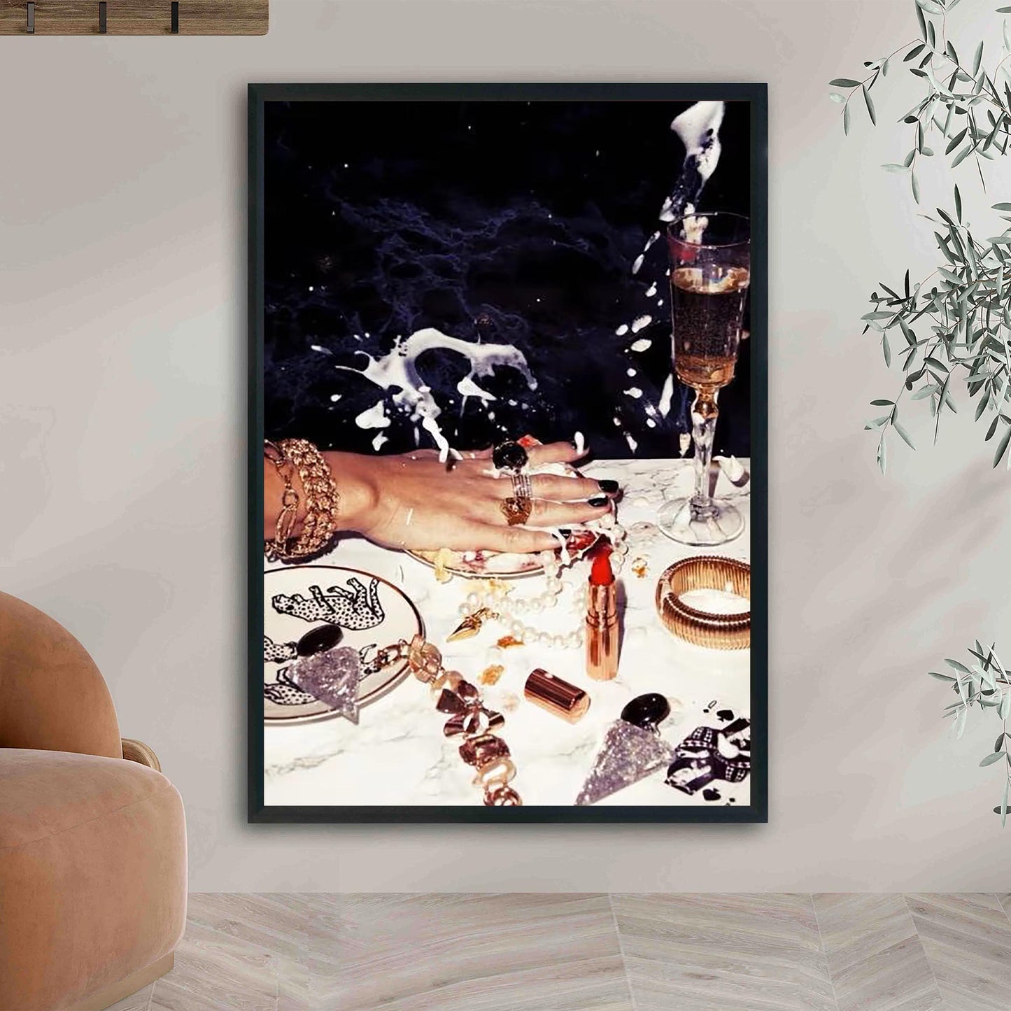 Luxury Nightlife Glam Wall Art, Champagne & Jewelry Print