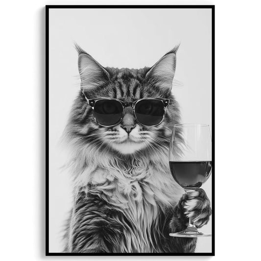 Maine Coon Cat Drinking Wine Wall Art, Black and White Print, Bar Cart Print, Cat Owner Gift, Funny Cat Poster