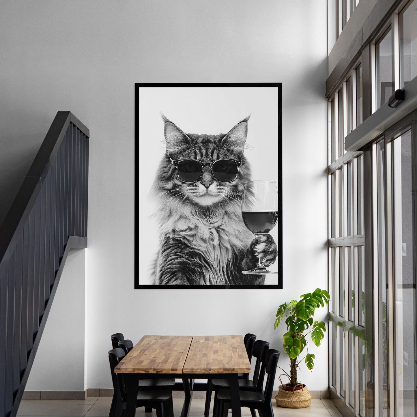 Maine Coon Cat Drinking Wine Wall Art, Black and White Print, Bar Cart Print, Cat Owner Gift, Funny Cat Poster