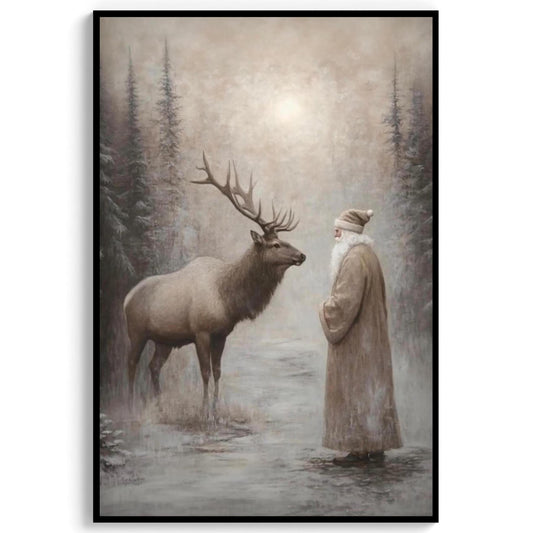 Moody Santa Reindeer Wall Art Print, Forest Snowfall in Winter Printable Christmas Home Decor, Digital Downl