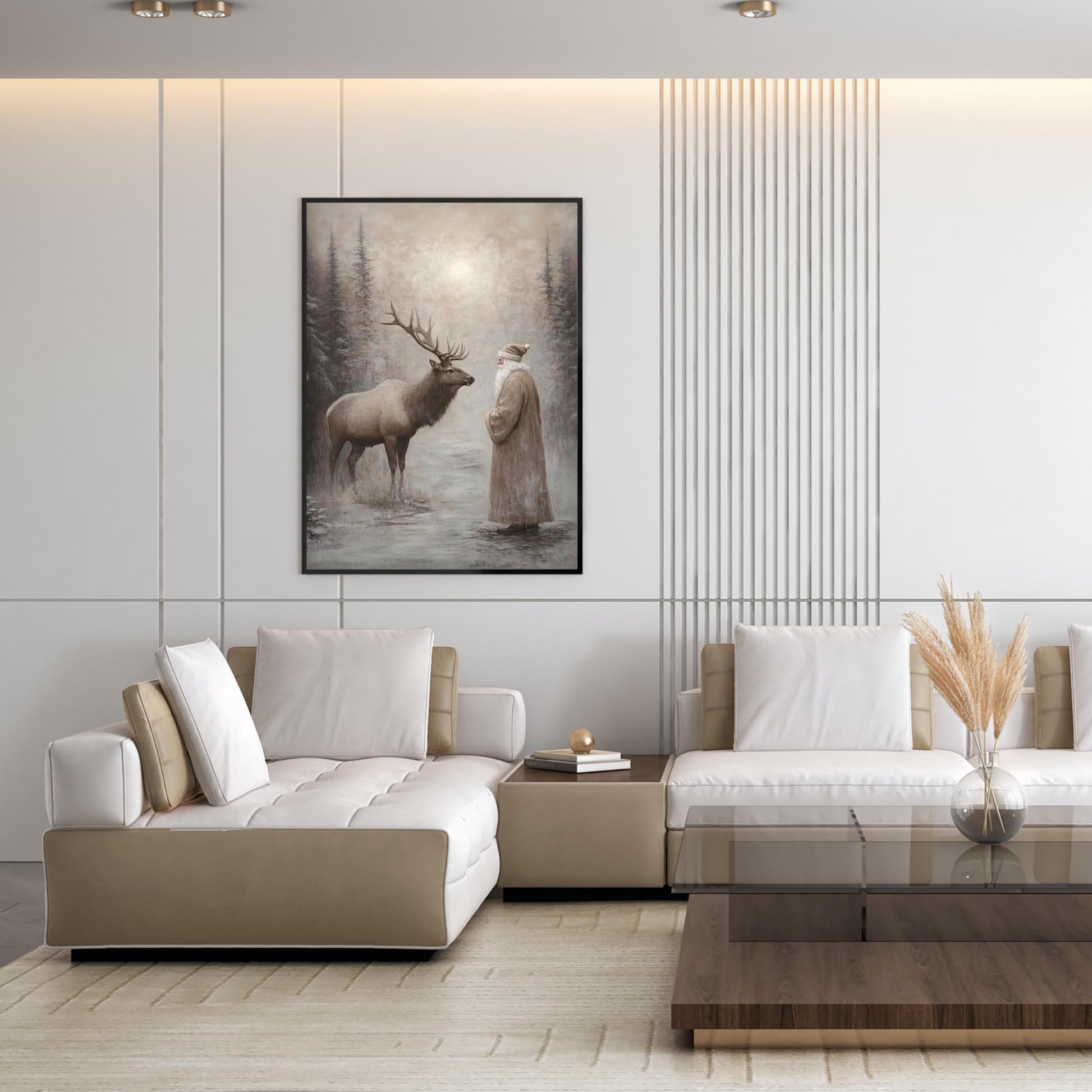 Moody Santa Reindeer Wall Art Print, Forest Snowfall in Winter Printable Christmas Home Decor, Digital Downl