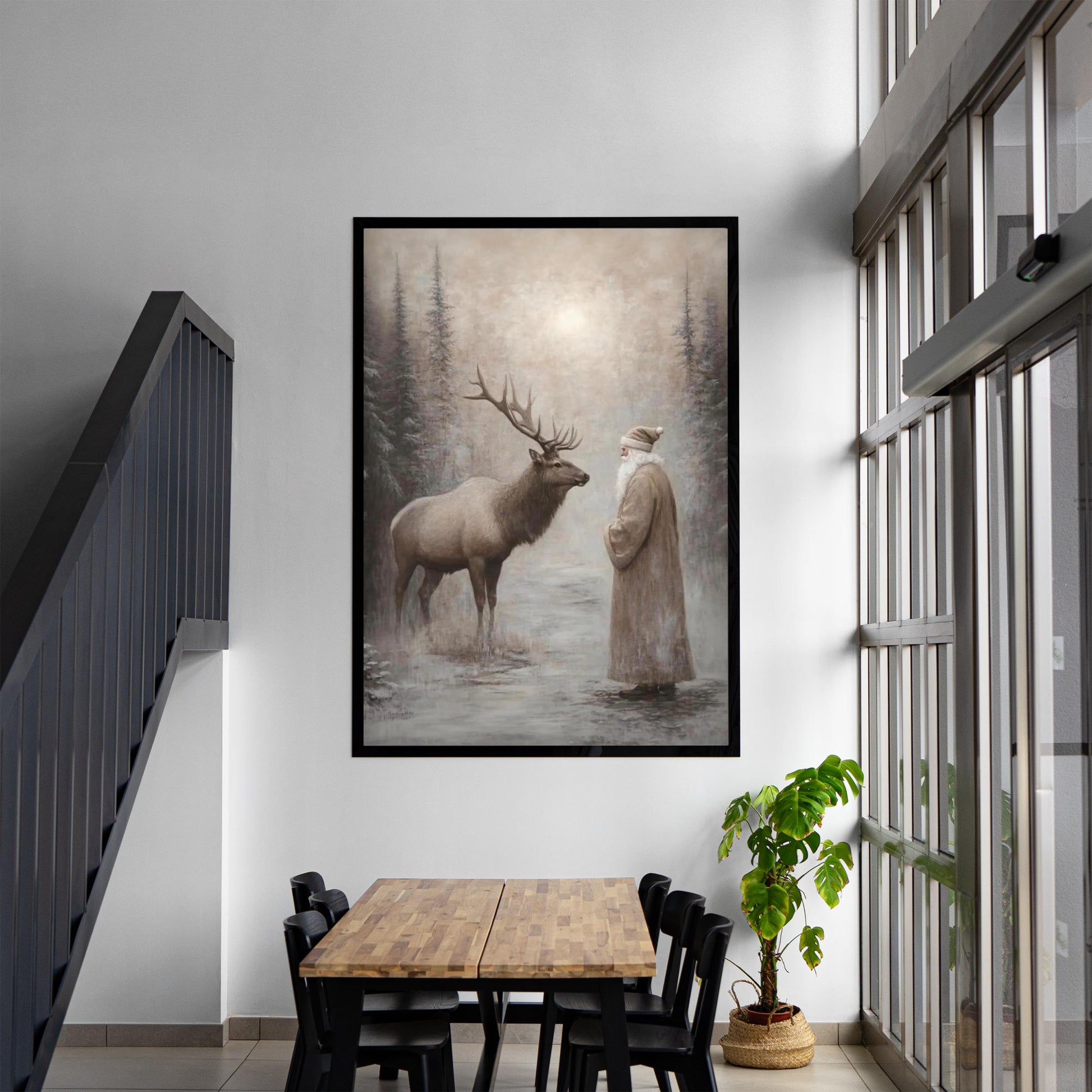 Moody Santa Reindeer Wall Art Print, Forest Snowfall in Winter Printable Christmas Home Decor, Digital Downl