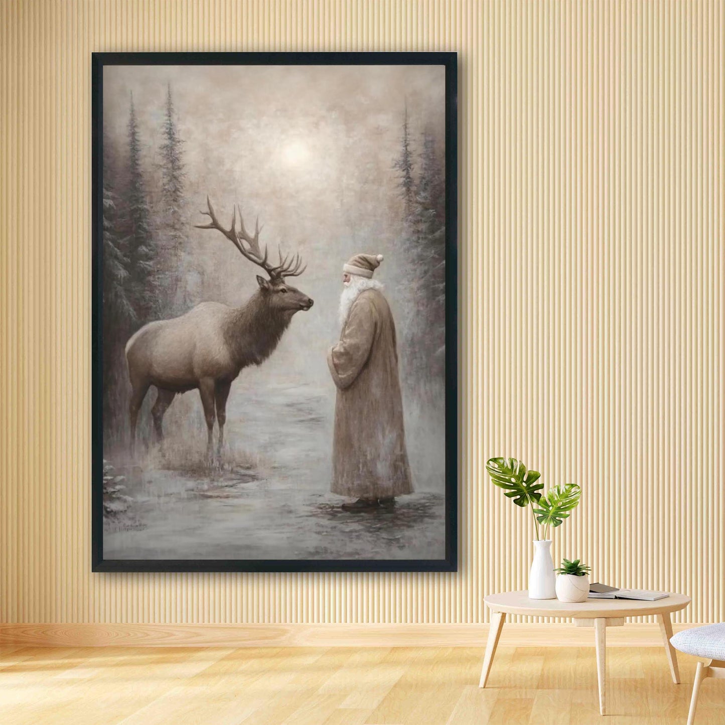 Moody Santa Reindeer Wall Art Print, Forest Snowfall in Winter Printable Christmas Home Decor, Digital Downl