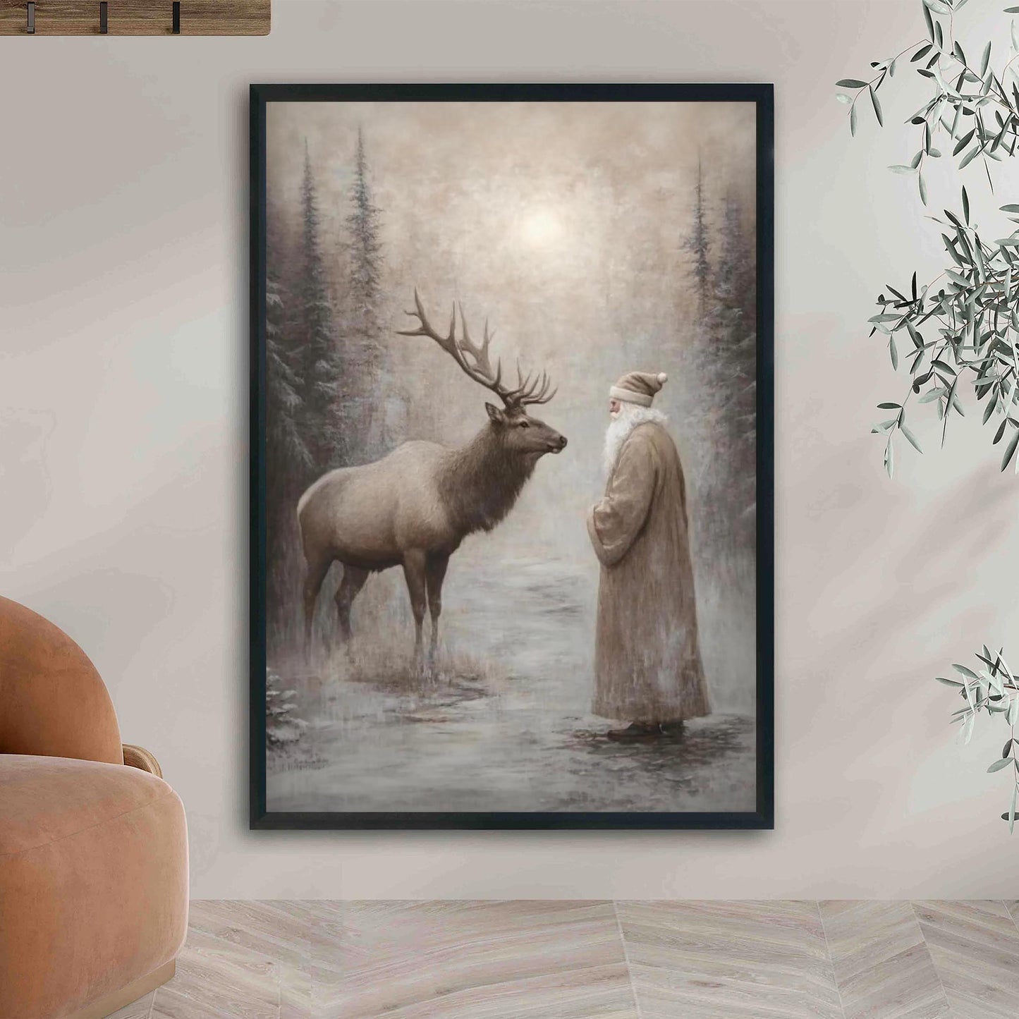 Moody Santa Reindeer Wall Art Print, Forest Snowfall in Winter Printable Christmas Home Decor, Digital Downl
