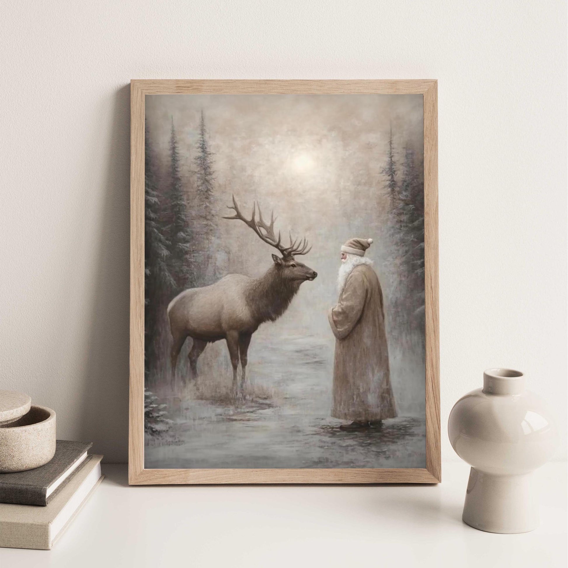 Moody Santa Reindeer Wall Art Print, Forest Snowfall in Winter Printable Christmas Home Decor, Digital Downl