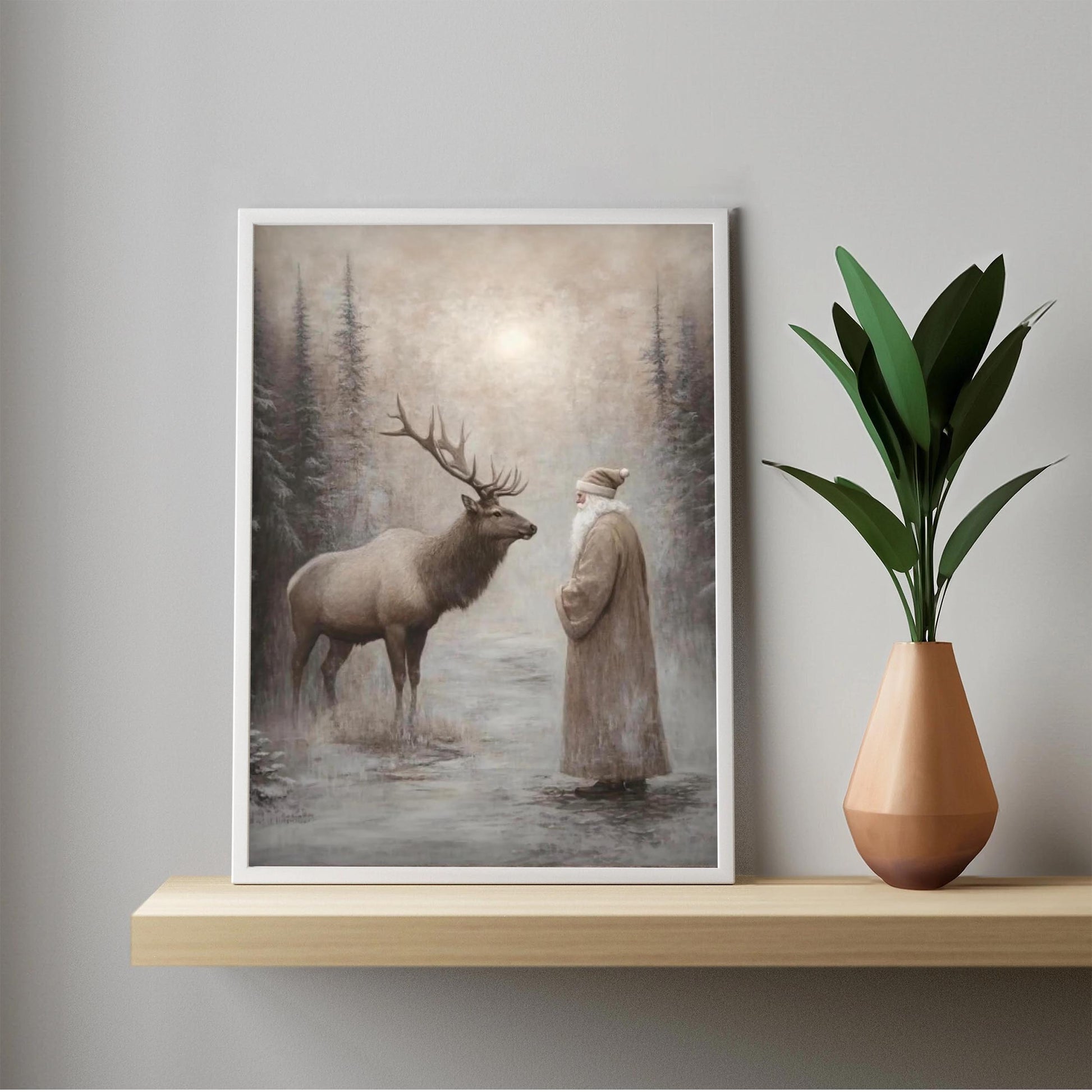 Moody Santa Reindeer Wall Art Print, Forest Snowfall in Winter Printable Christmas Home Decor, Digital Downl