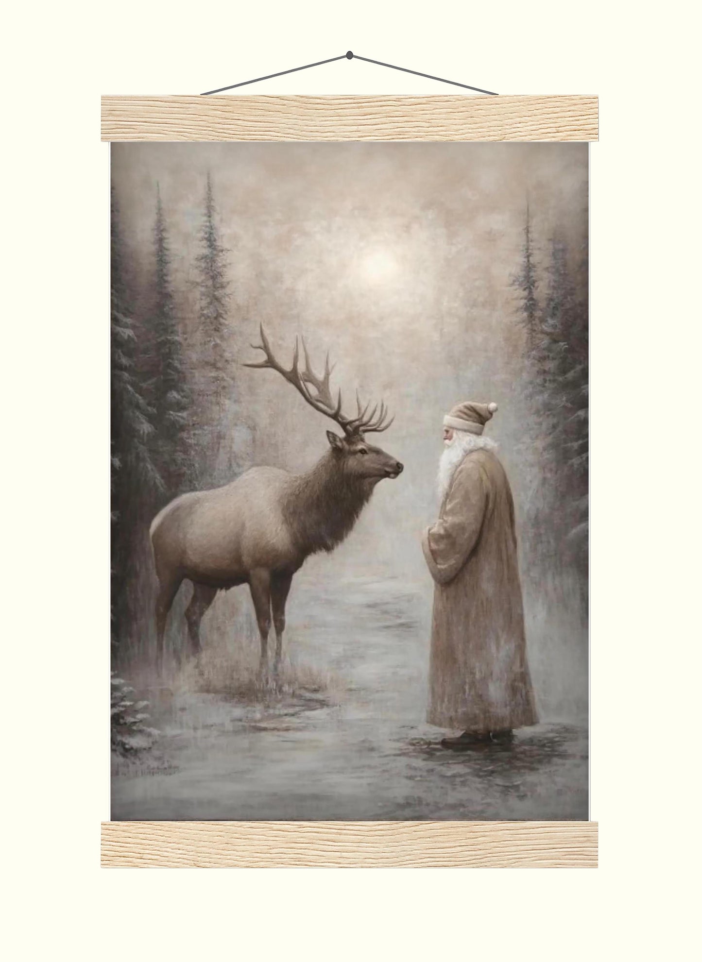 Moody Santa Reindeer Wall Art Print, Forest Snowfall in Winter Printable Christmas Home Decor, Digital Downl